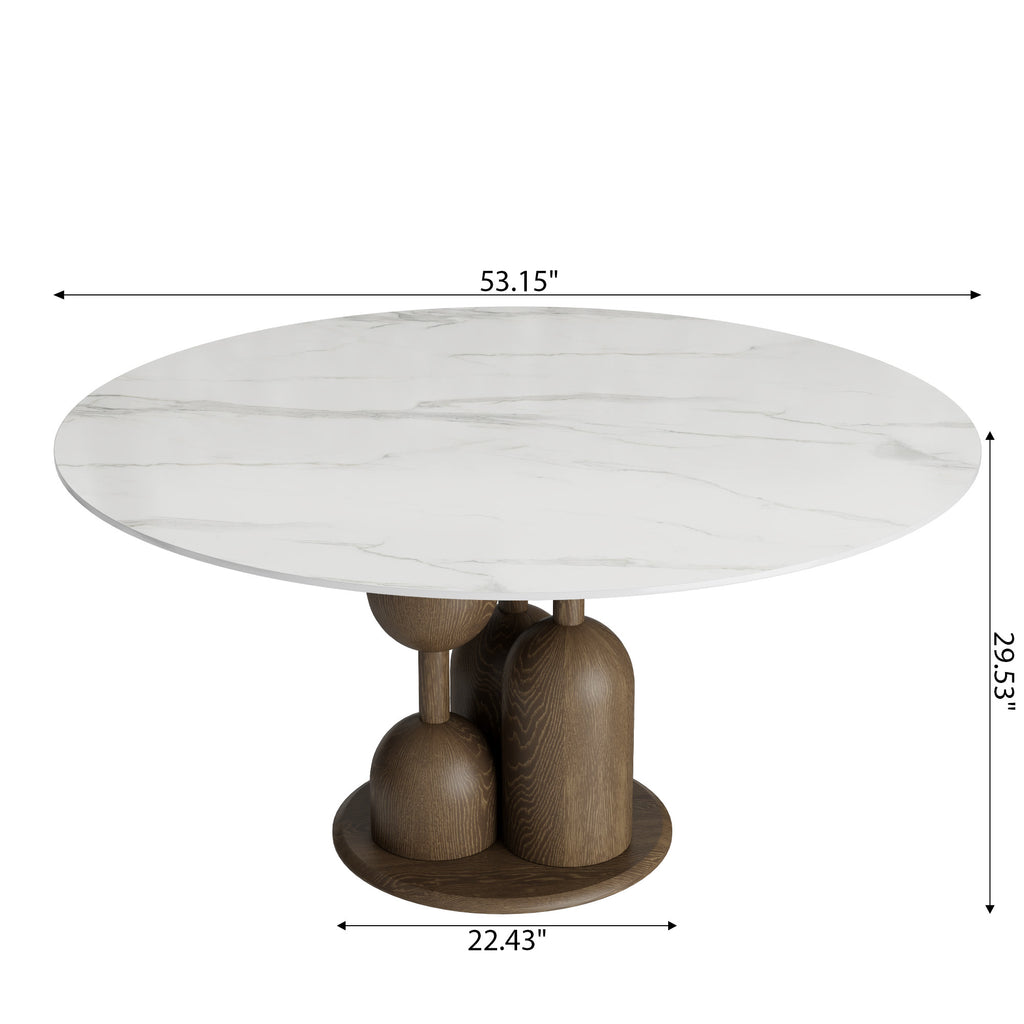 Solenne Dark Walnut Solid Wood Pedestal Round Dining Table With White Glossy Stone Top - image 6