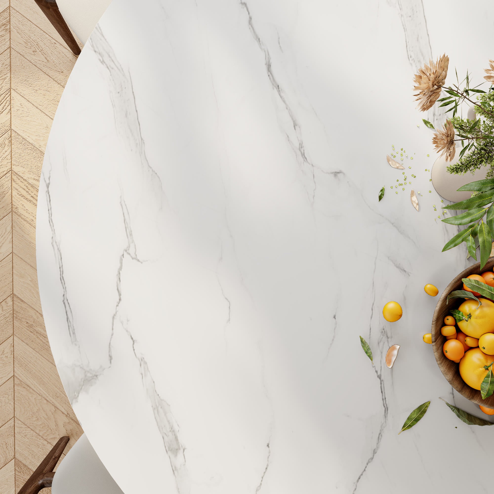 Solenne Dark Walnut Solid Wood Pedestal Round Dining Table With White Glossy Stone Top - image 8