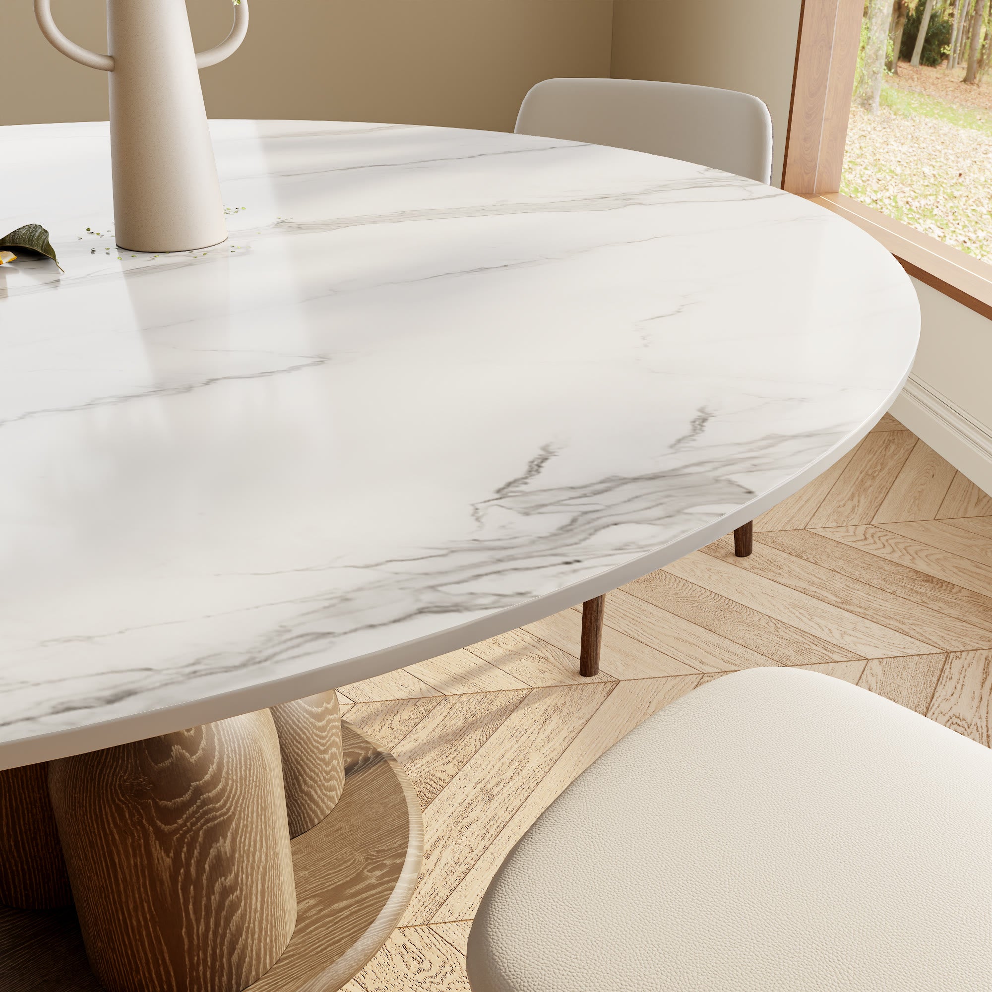 Solenne Dark Walnut Solid Wood Pedestal Round Dining Table With White Glossy Stone Top - image 3