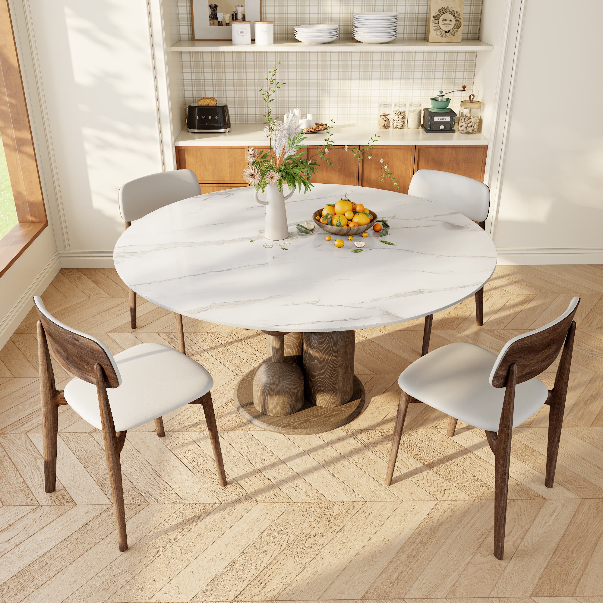 Solenne Dark Walnut Solid Wood Pedestal Round Dining Table With White Glossy Stone Top - image 4