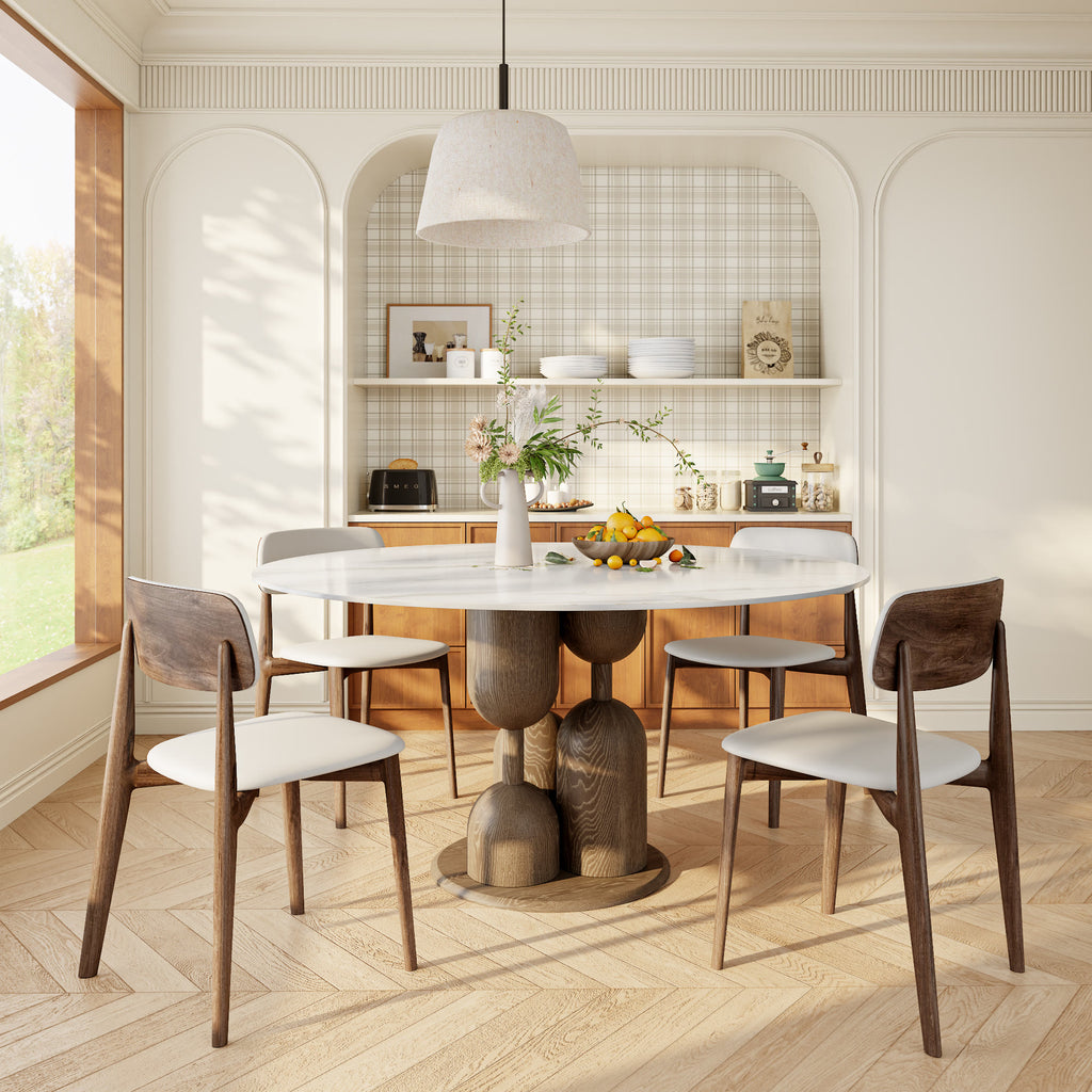 Solenne Dark Walnut Solid Wood Pedestal Round Dining Table With White Glossy Stone Top - image 2