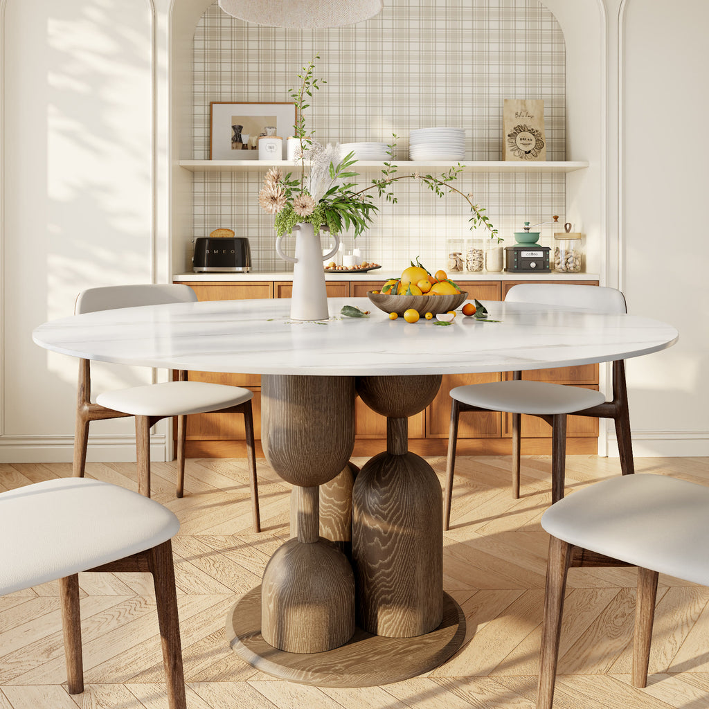 Solenne Dark Walnut Solid Wood Pedestal Round Dining Table With White Glossy Stone Top - 59.05'' W X 59.05'' D X 29.53'' H - image 0