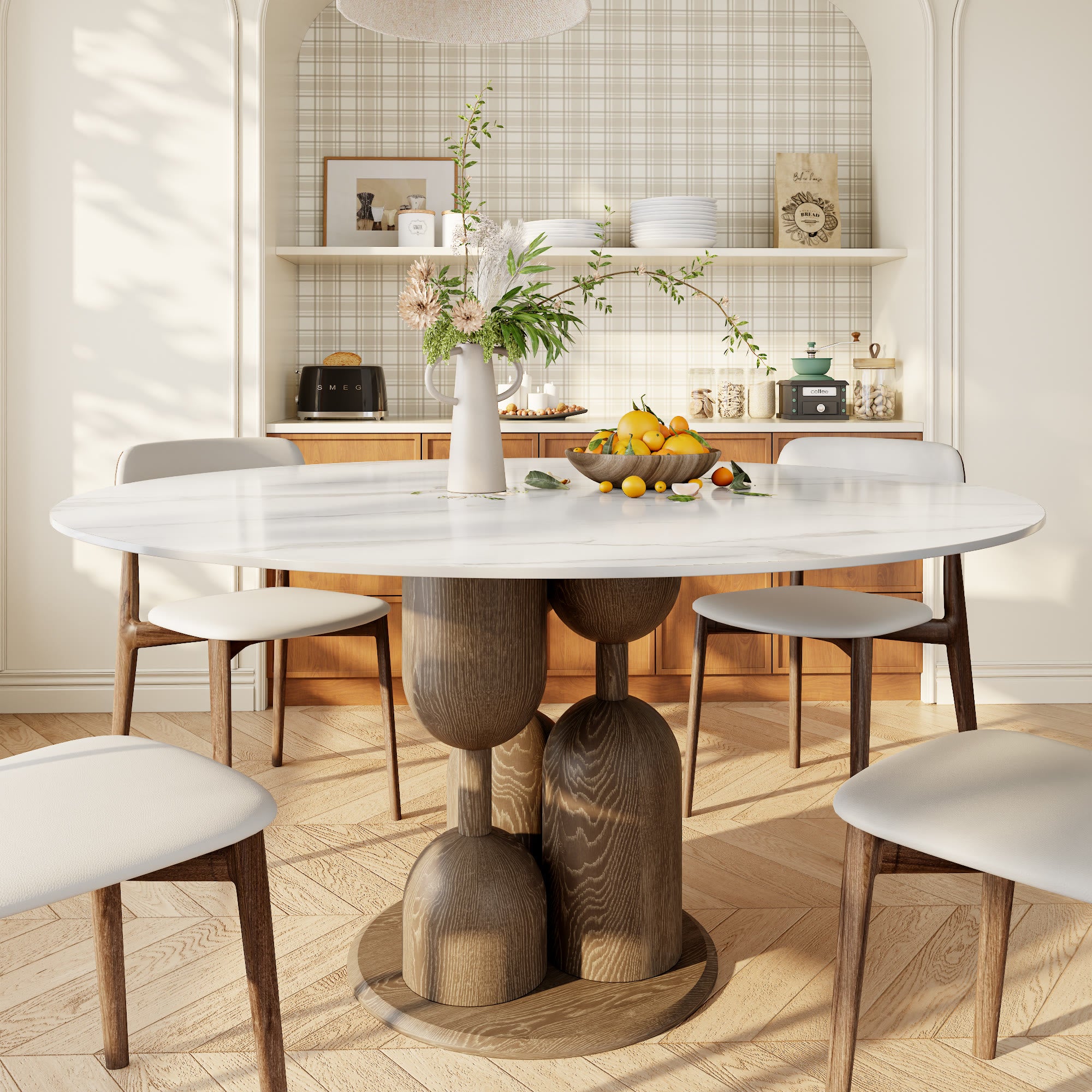 Solenne Dark Walnut Solid Wood Pedestal Round Dining Table With White Glossy Stone Top - 59.05'' W X 59.05'' D X 29.53'' H - image 0