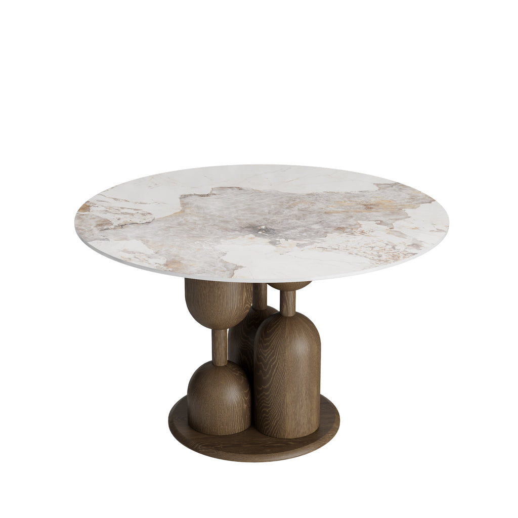 Solenne Dark Walnut Solid Wood Pedestal Round Dining Table With Pandora Glossy Stone Top - image 1
