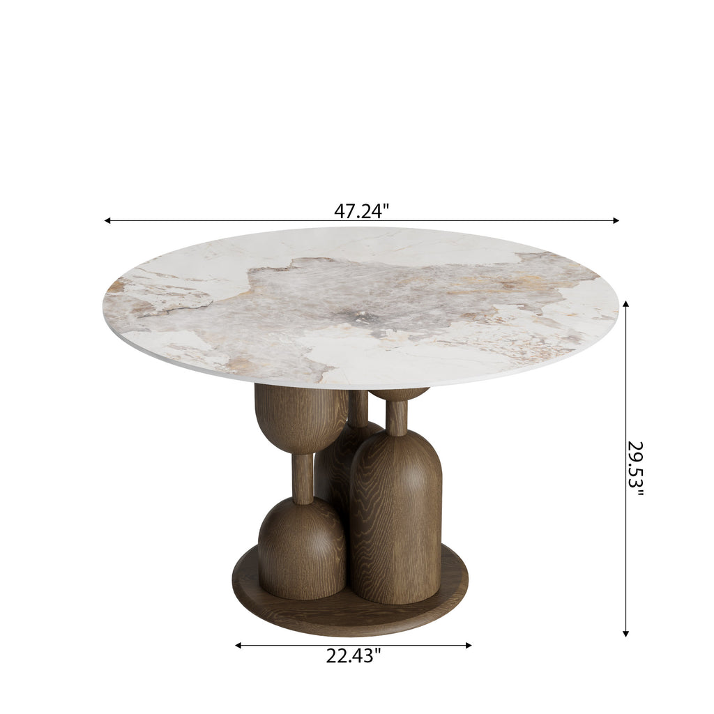 Solenne Dark Walnut Solid Wood Pedestal Round Dining Table With Pandora Glossy Stone Top - image 5