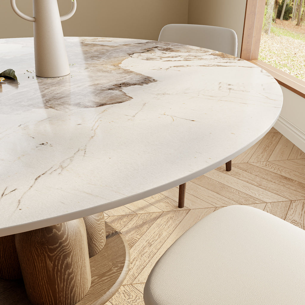 Solenne Dark Walnut Solid Wood Pedestal Round Dining Table With Pandora Glossy Stone Top - image 3