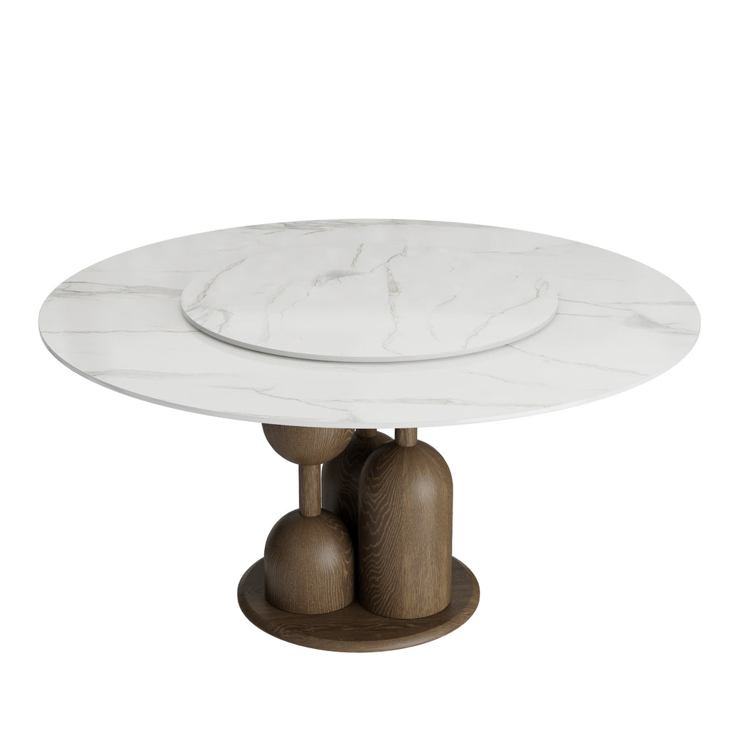 Solenne Dark Walnut Solid Wood Pedestal Round Dining Table With White Glossy Stone Top And Removable Lazy Susan - image 1