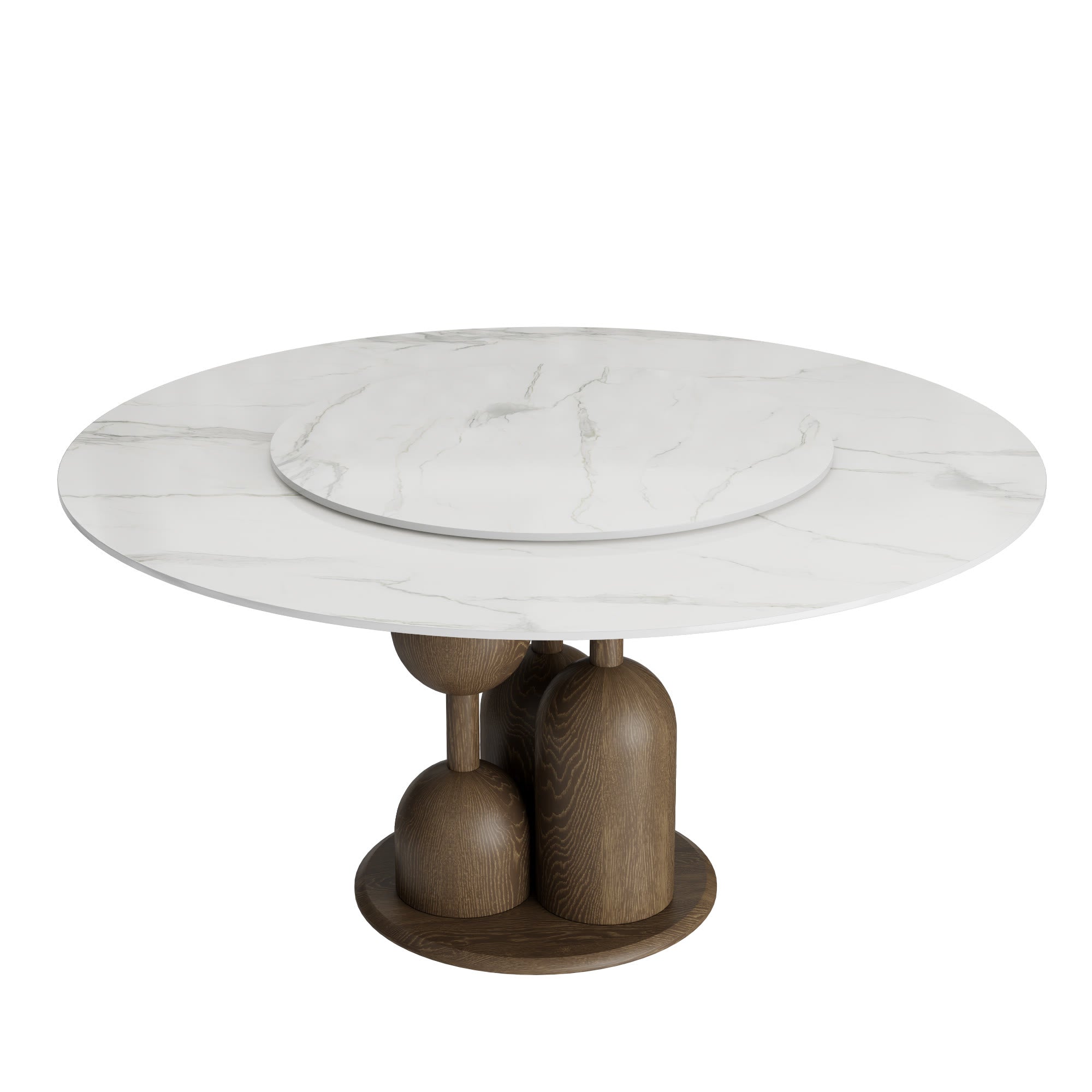 Solenne Dark Walnut Solid Wood Pedestal Round Dining Table With White Glossy Stone Top And Removable Lazy Susan - image 1