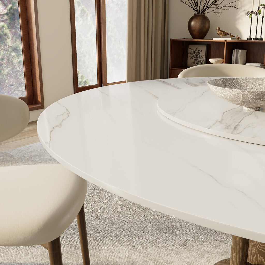 Solenne Dark Walnut Solid Wood Pedestal Round Dining Table With White Glossy Stone Top And Removable Lazy Susan - image 3