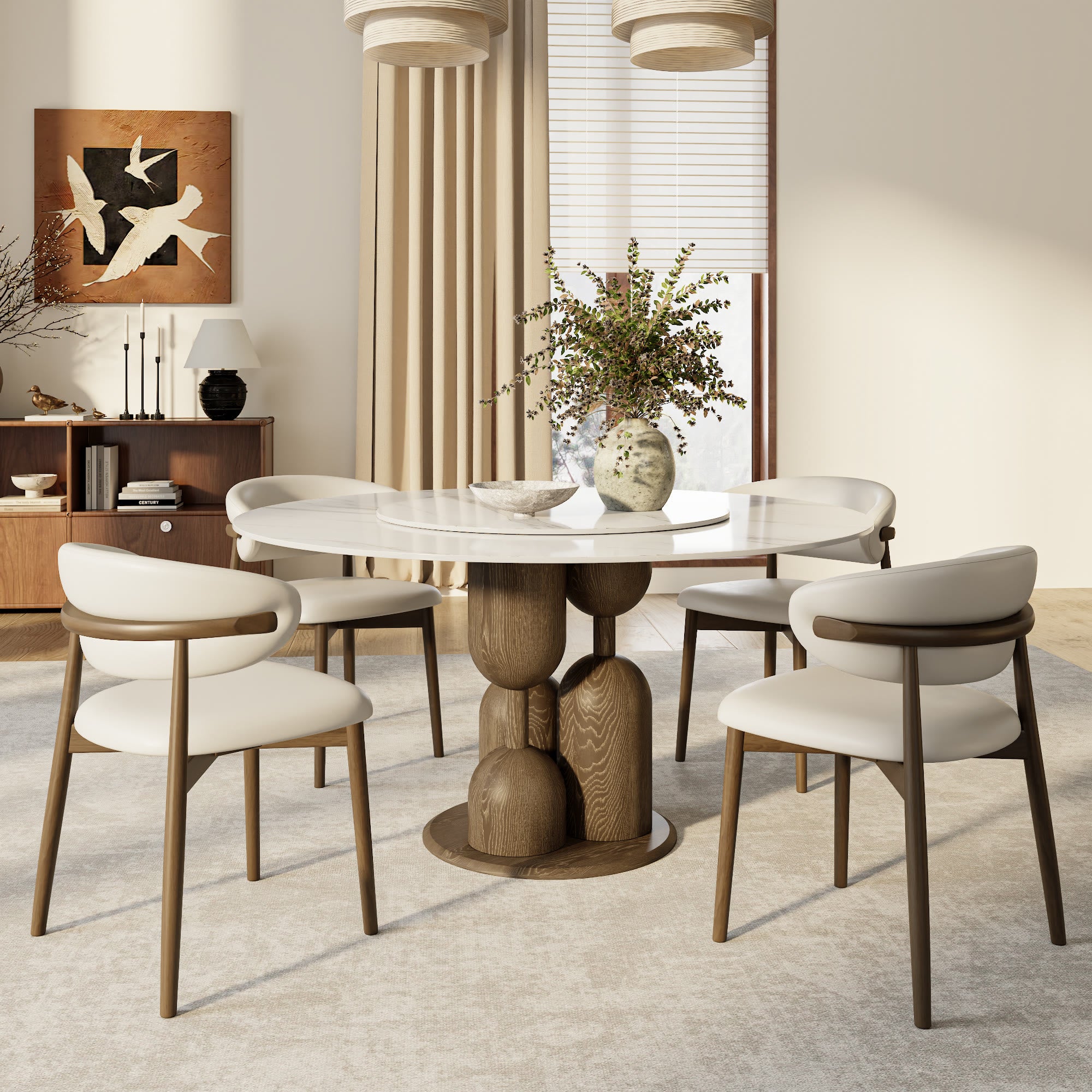 Solenne Dark Walnut Solid Wood Pedestal Round Dining Table With White Glossy Stone Top And Removable Lazy Susan - image 2