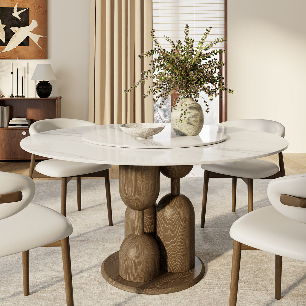 Solenne Dark Walnut Solid Wood Pedestal Round Dining Table With White Glossy Stone Top And Removable Lazy Susan - 59.05'' W X 59.05'' D X 29.53'' H - image 0