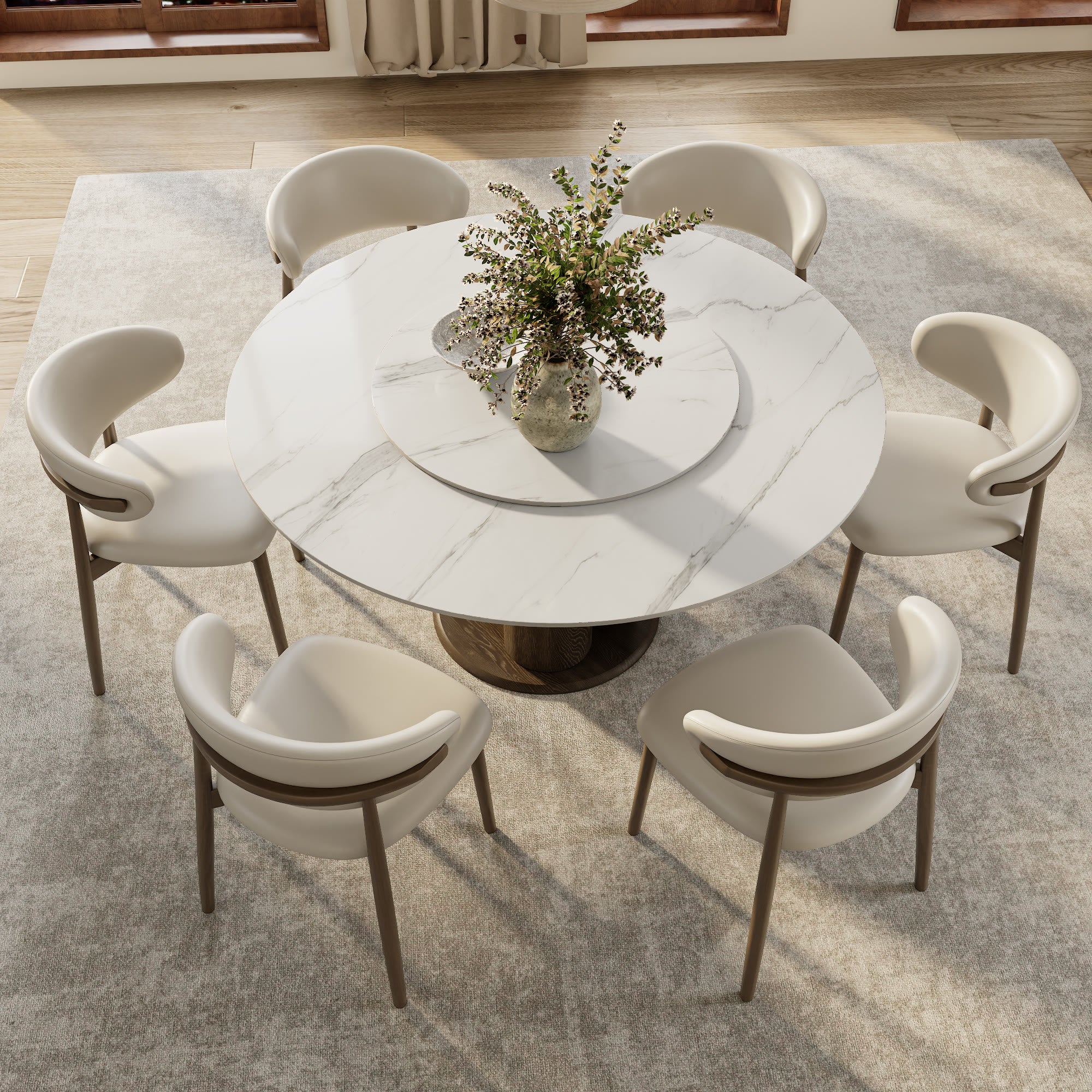 Solenne Dark Walnut Solid Wood Pedestal Round Dining Table With White Glossy Stone Top And Removable Lazy Susan - image 5