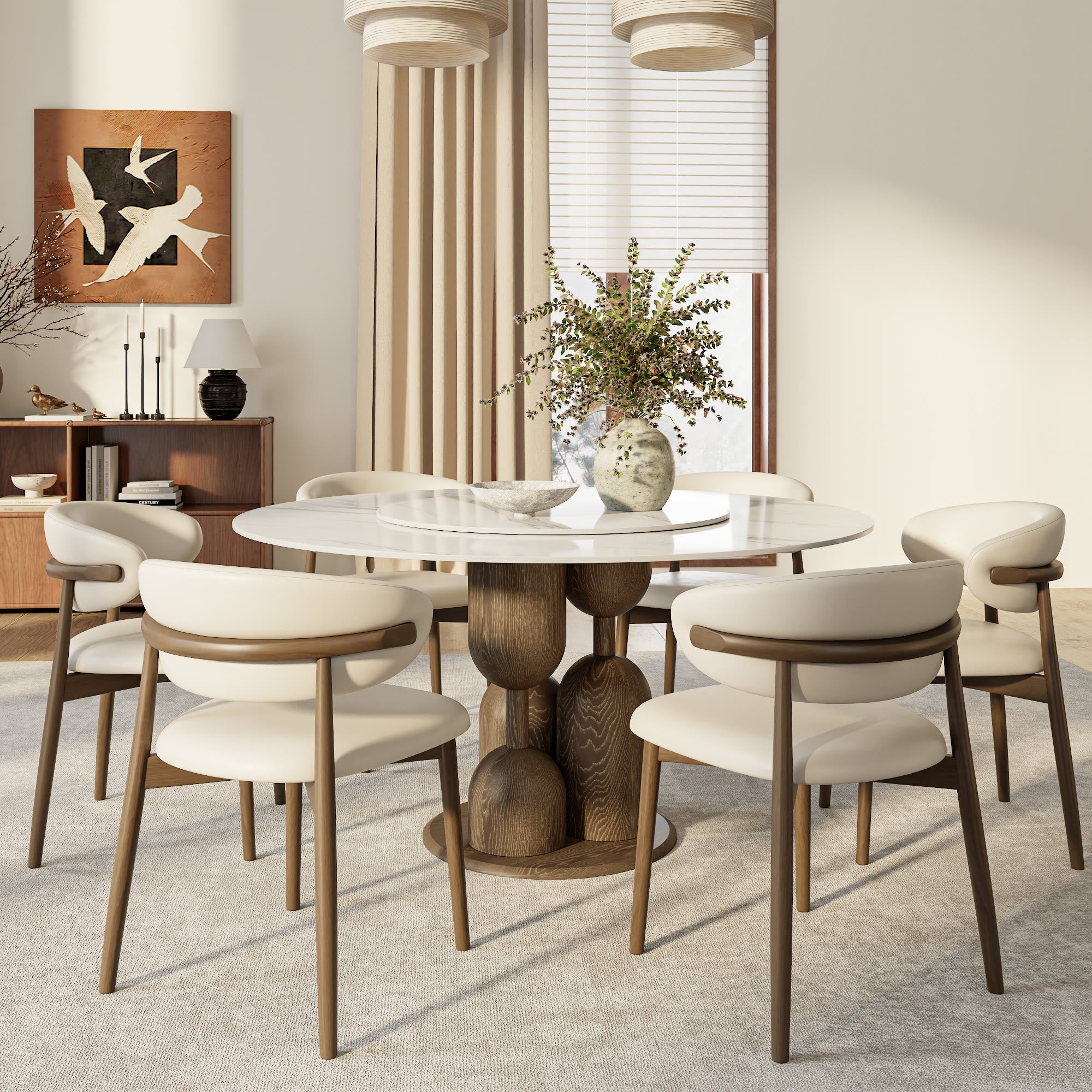 Solenne Dark Walnut Solid Wood Pedestal Round Dining Table With White Glossy Stone Top And Removable Lazy Susan - image 4