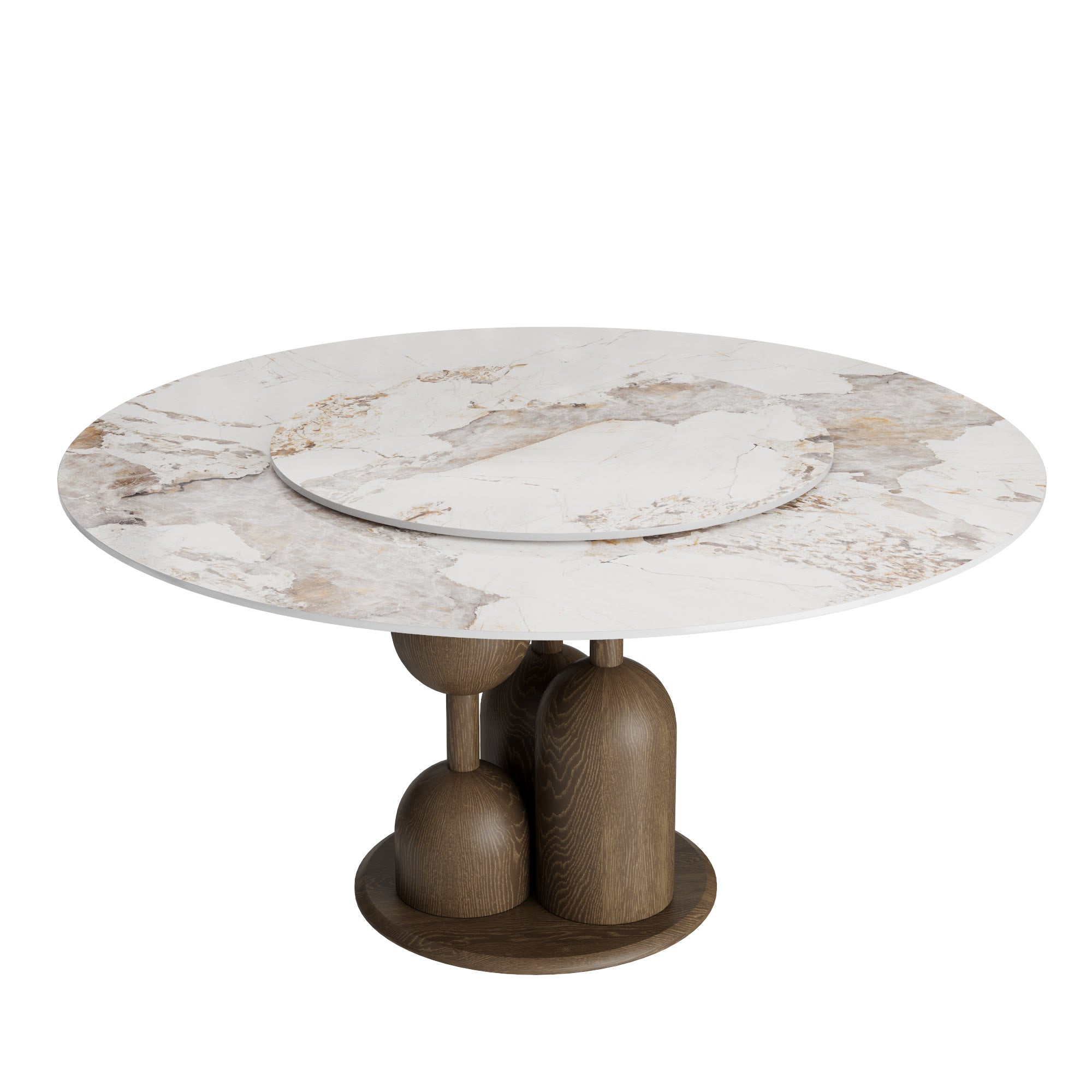 Solenne Dark Walnut Solid Wood Pedestal Round Dining Table With Pandora Glossy Stone Top And Removable Lazy Susan - image 1