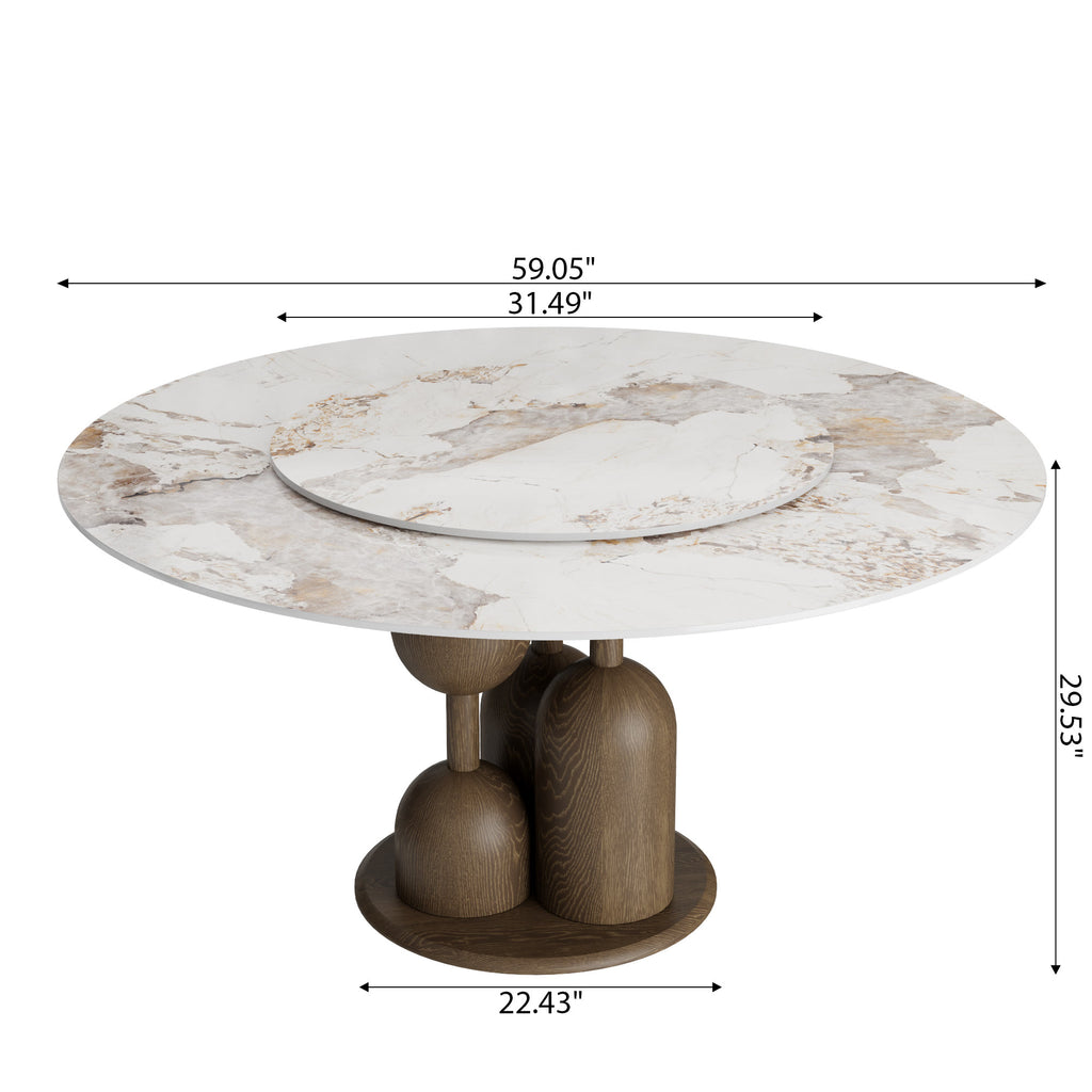 Solenne Dark Walnut Solid Wood Pedestal Round Dining Table With Pandora Glossy Stone Top And Removable Lazy Susan - image 6
