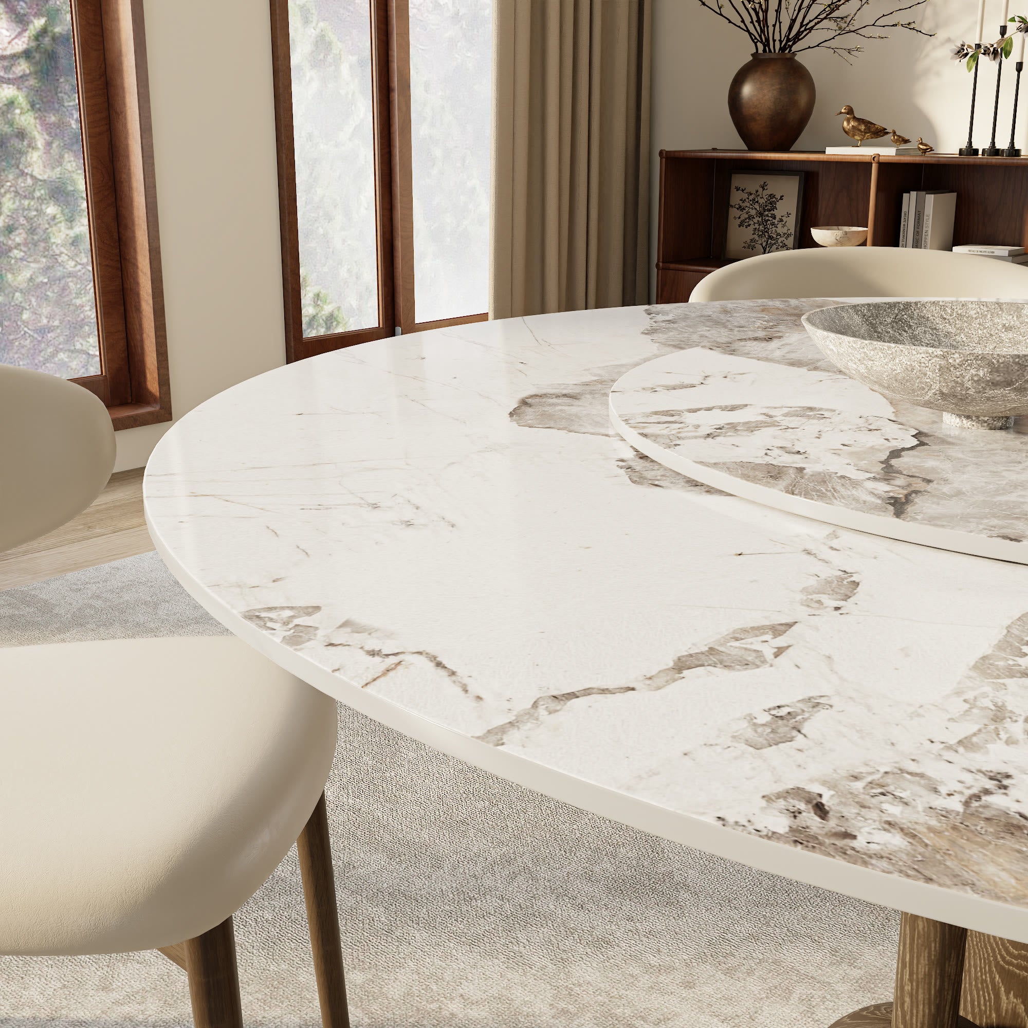 Solenne Dark Walnut Solid Wood Pedestal Round Dining Table With Pandora Glossy Stone Top And Removable Lazy Susan - image 2