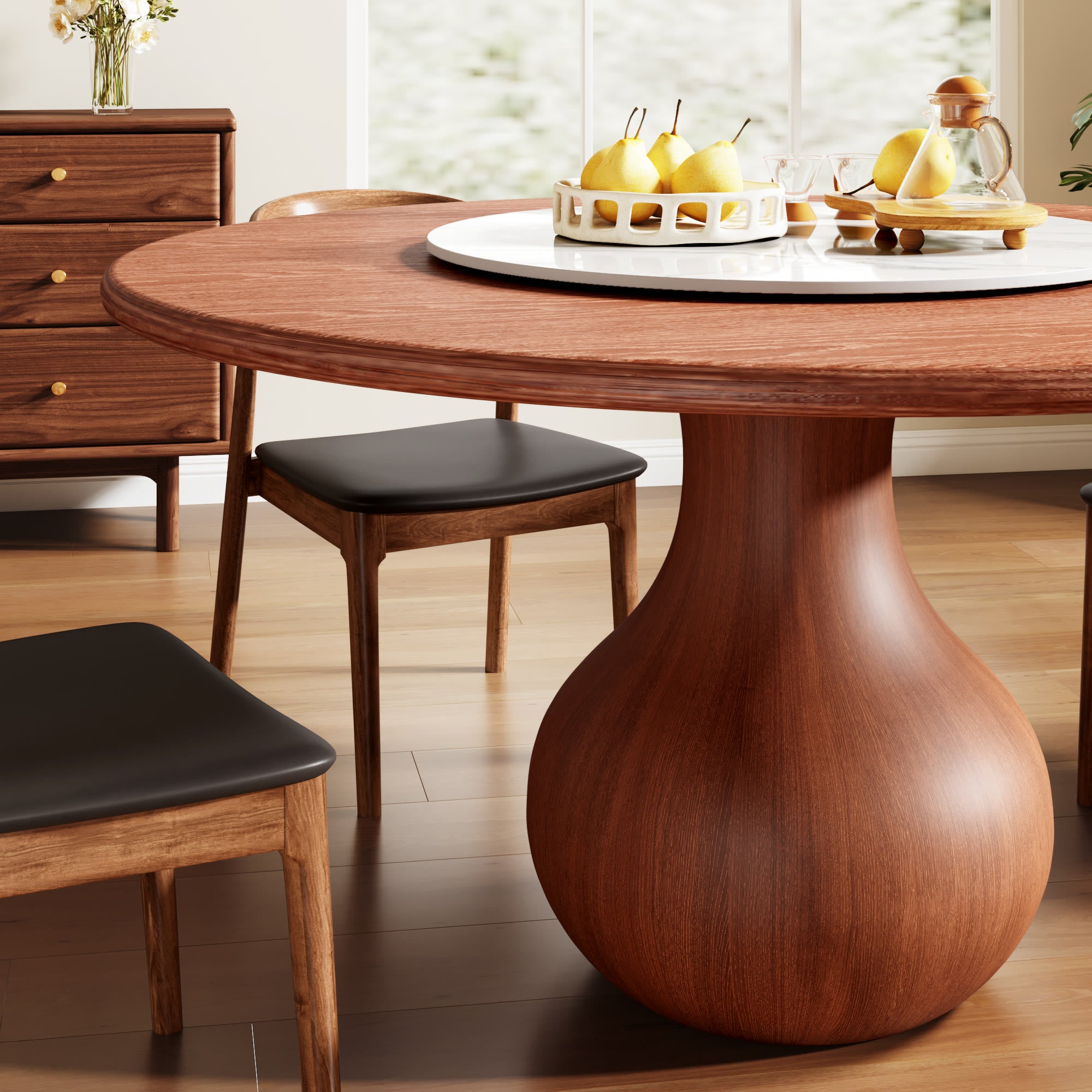 Centria Round Solid Wood Dining Table with Removable White Glossy Stone Lazy Susan - image 2