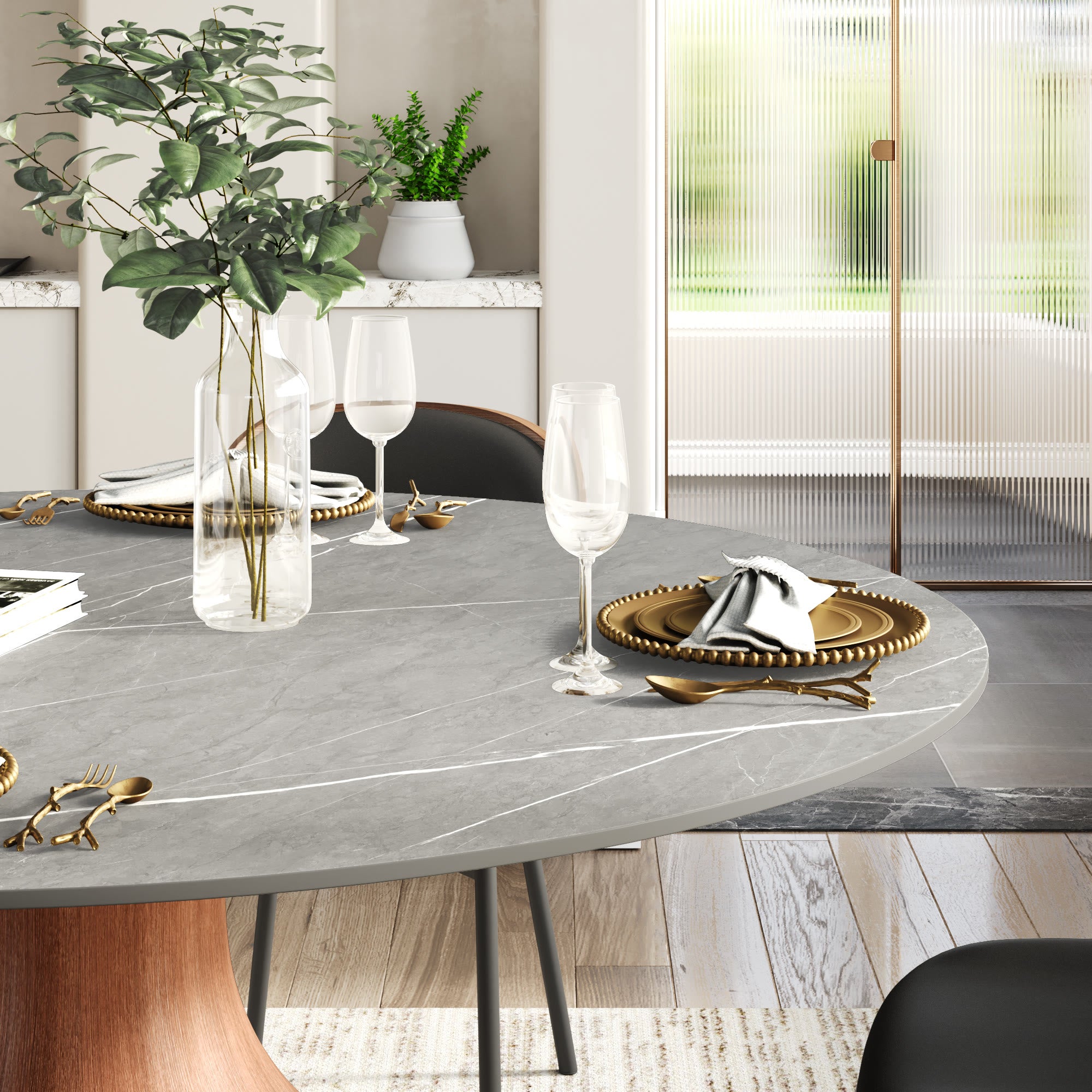 Centria Round Solid Wood Pedestal Dining Table with Armani Grey Stone Top - image 8