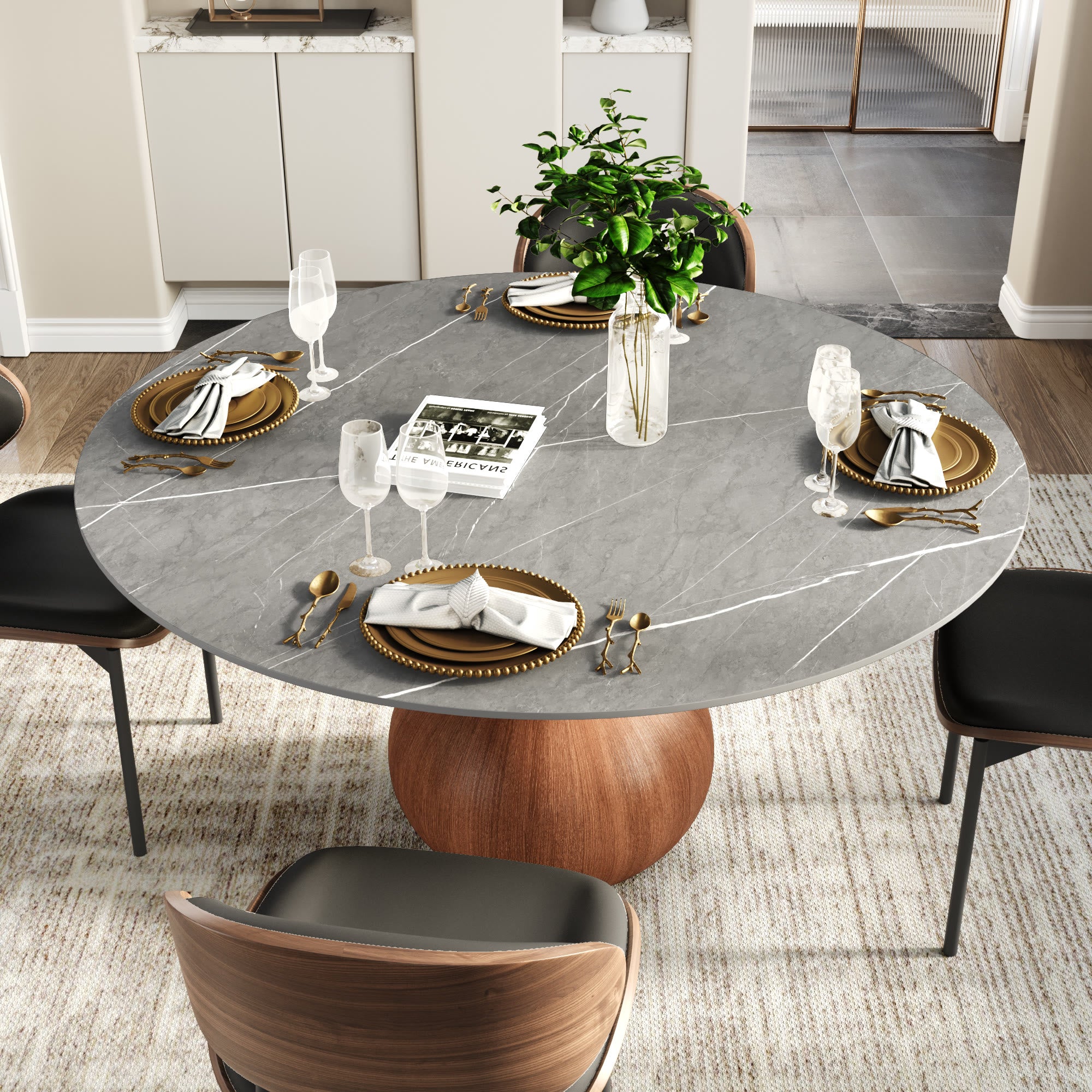Centria Round Solid Wood Pedestal Dining Table with Armani Grey Stone Top - image 3