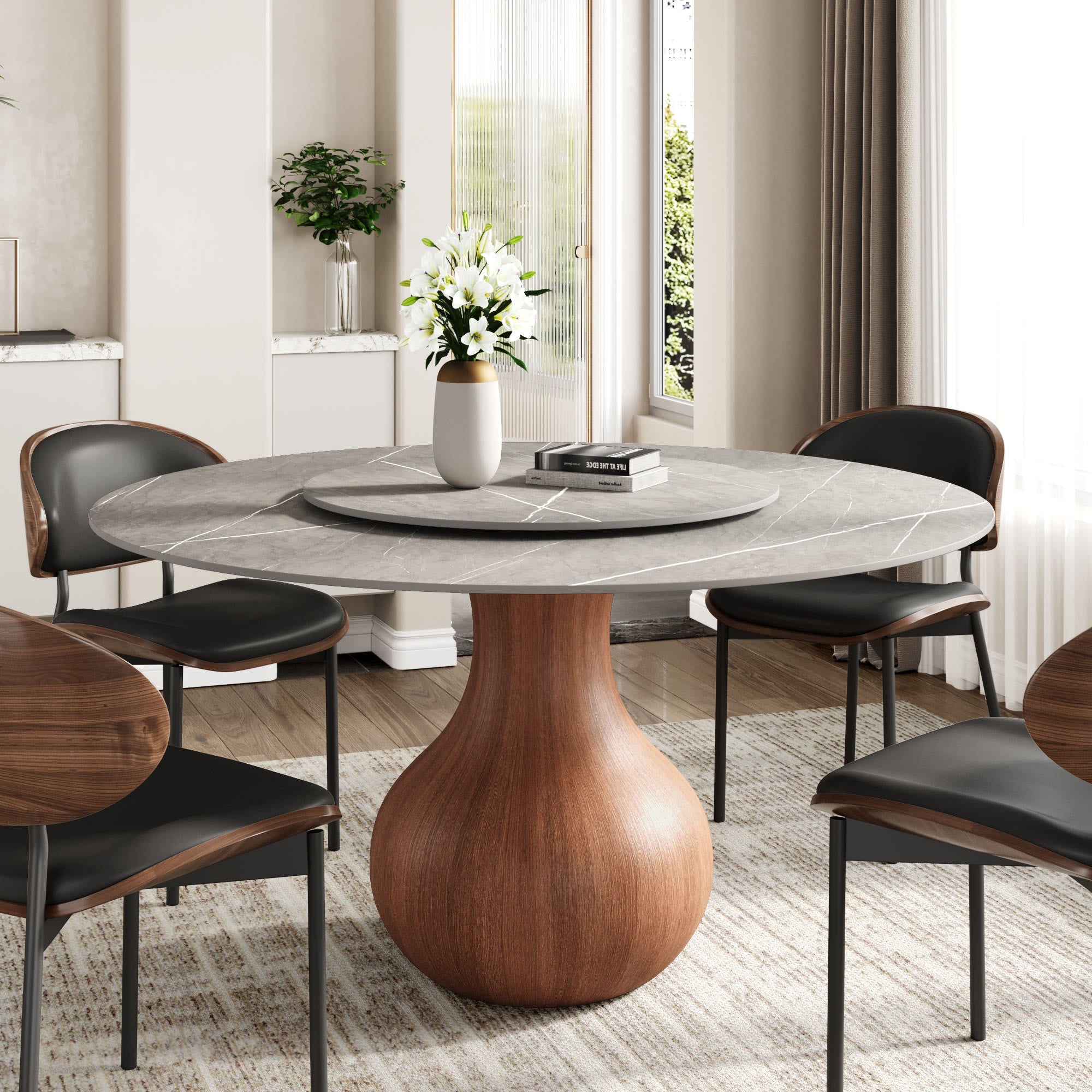 Centria Round Solid Wood Pedestal Dining Table with Grey Stone Top and Removable Lazy Susan - 59.05'' W X 59.05'' D X 29.53'' H - image 0