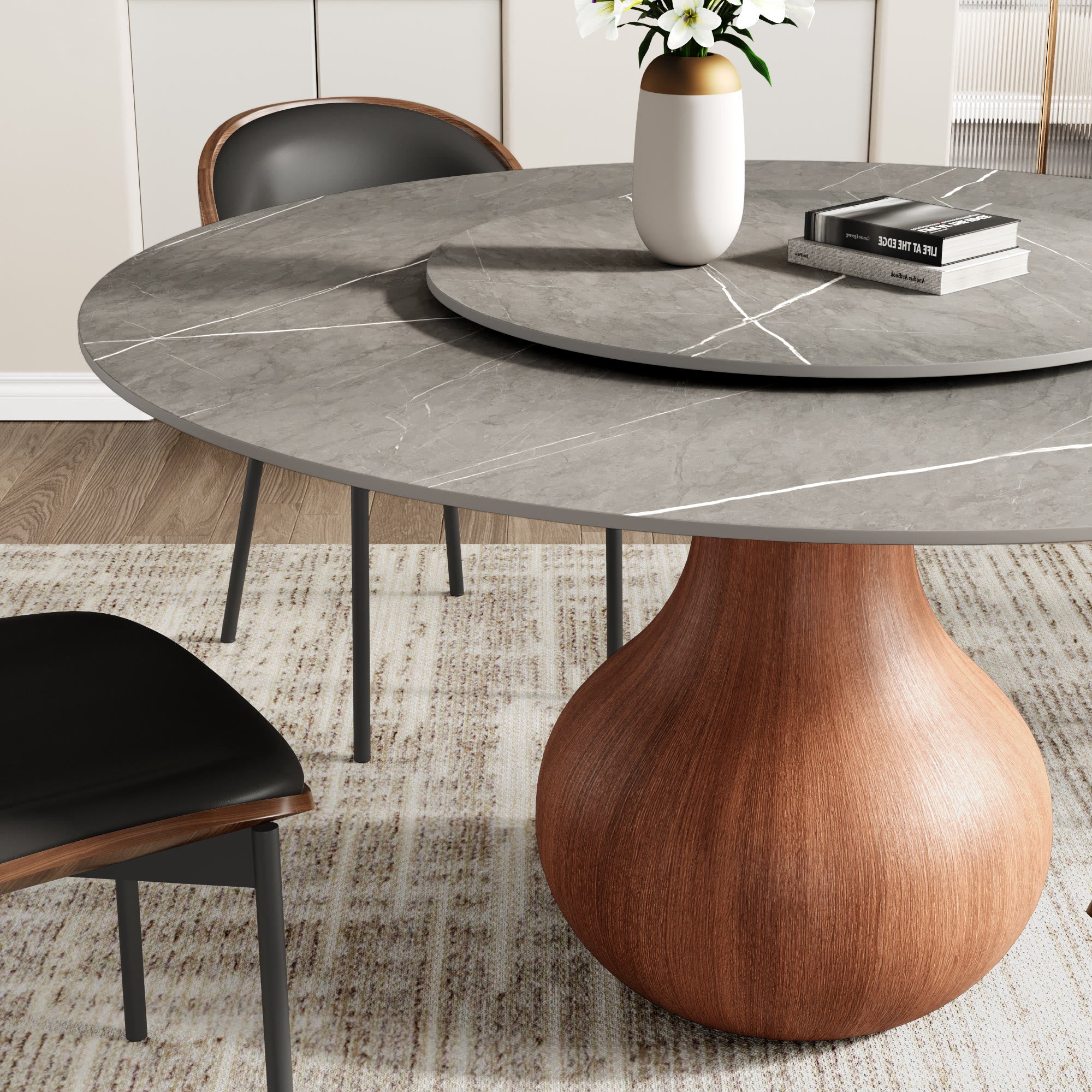 Centria Round Solid Wood Pedestal Dining Table with Armani Grey Stone Top and Removable Lazy Susan - image 3