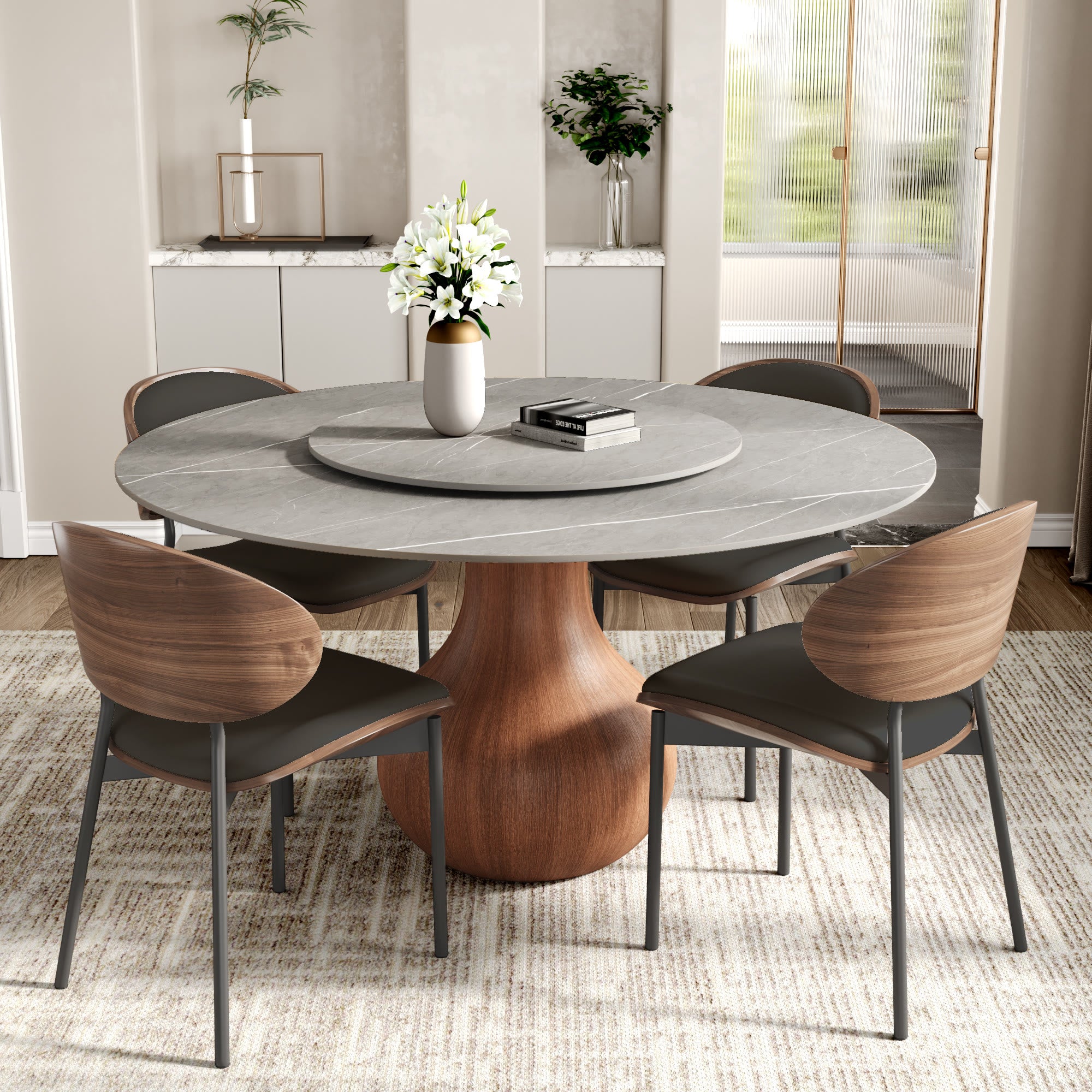 Centria Round Solid Wood Pedestal Dining Table with Grey Stone Top and Removable Lazy Susan - image 5
