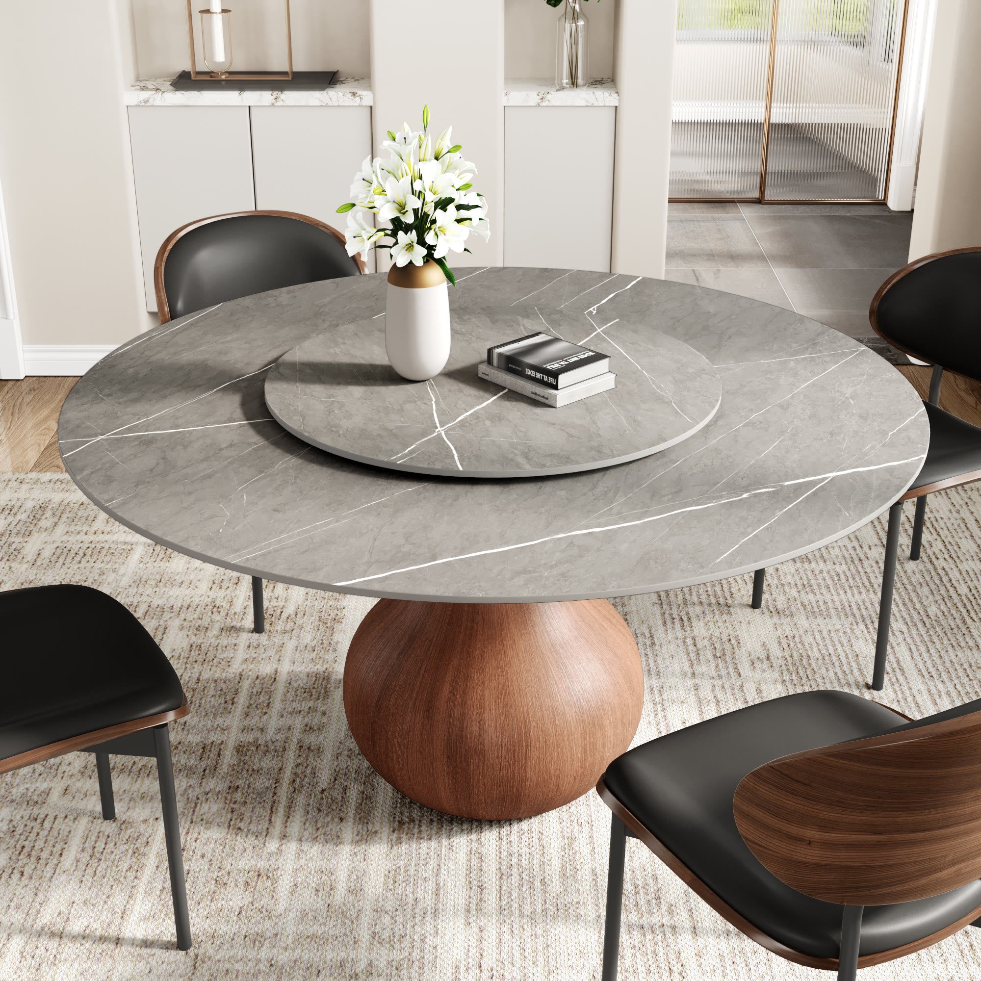 Centria Round Solid Wood Pedestal Dining Table with Armani Grey Stone Top and Removable Lazy Susan - image 4