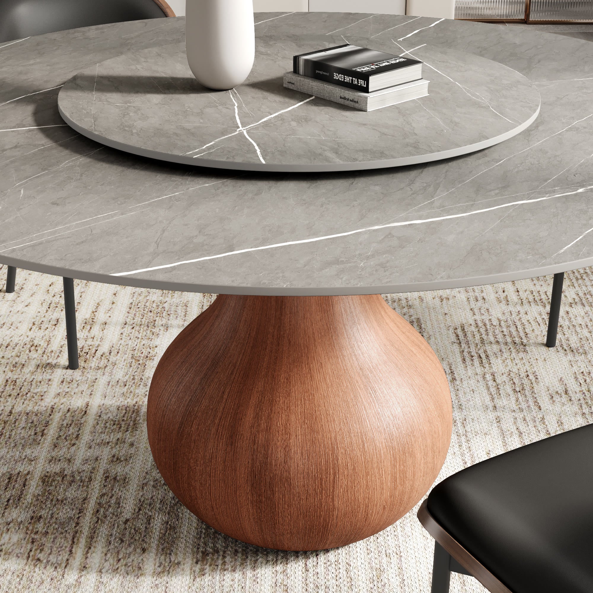 Centria Round Solid Wood Pedestal Dining Table with Grey Stone Top and Removable Lazy Susan - image 8