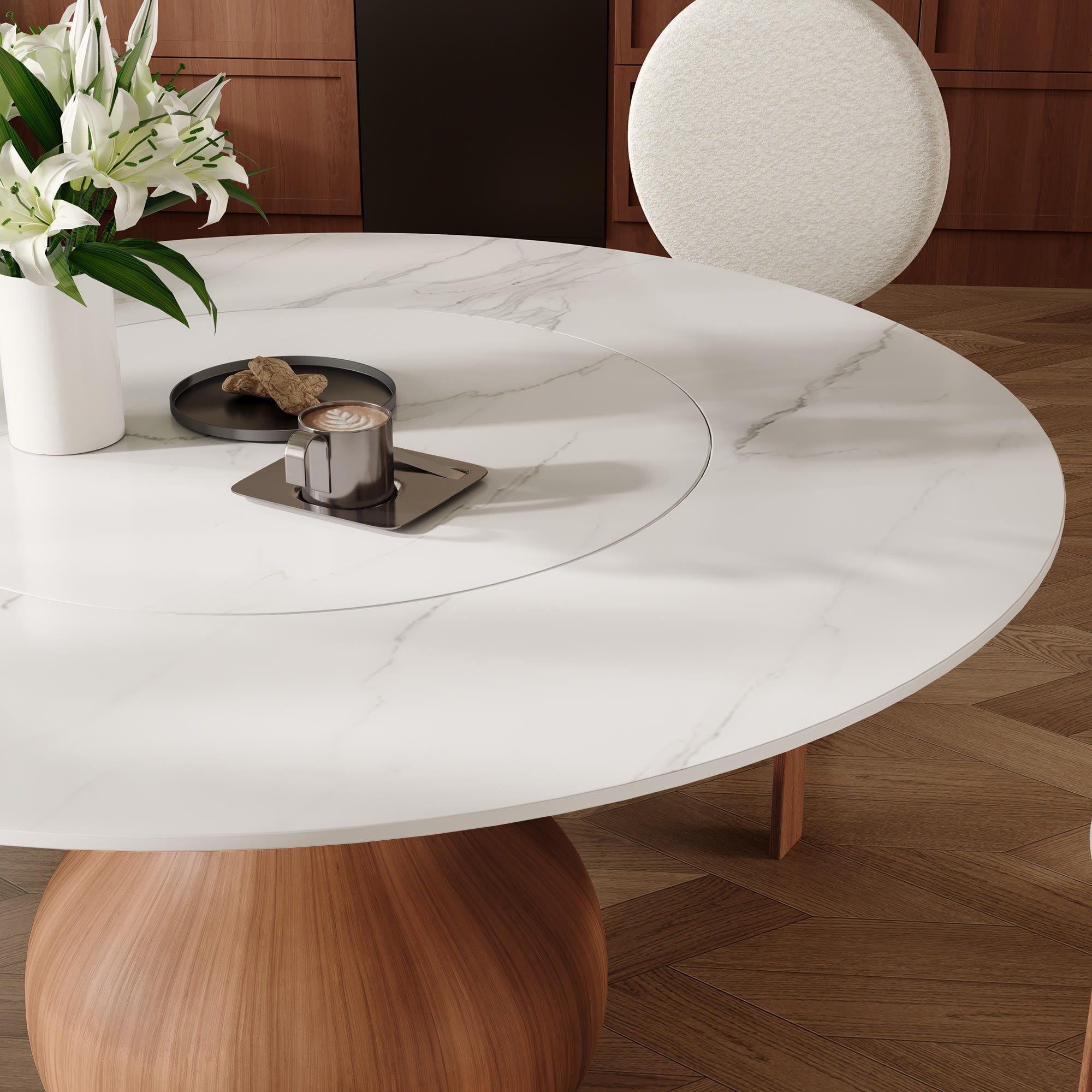 Centria Round Solid Wood Pedestal Dining Table with White Stone Top and Built-In Lazy Susan - image 7