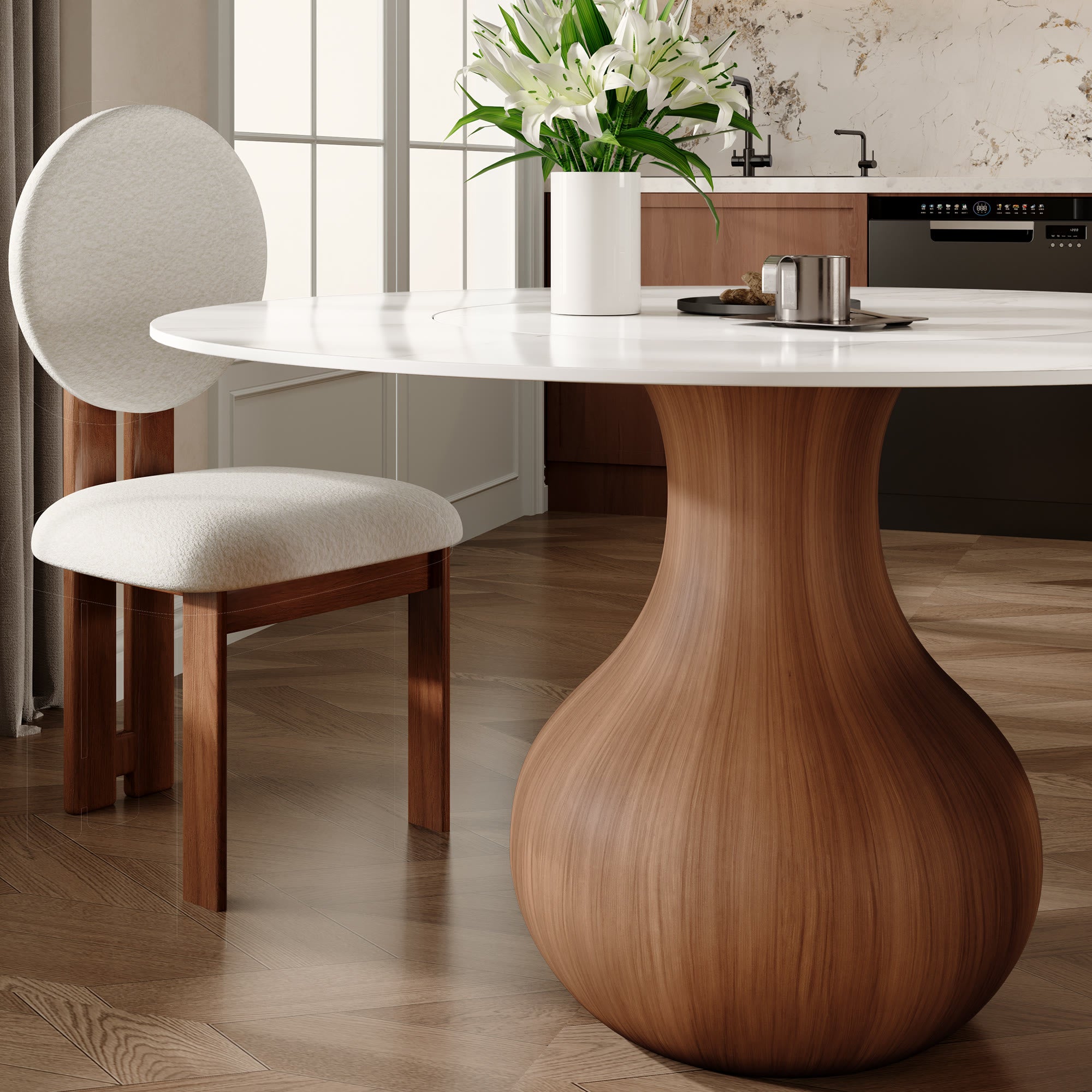 Centria Round Solid Wood Pedestal Dining Table with White Stone Top and Built-In Lazy Susan - image 0