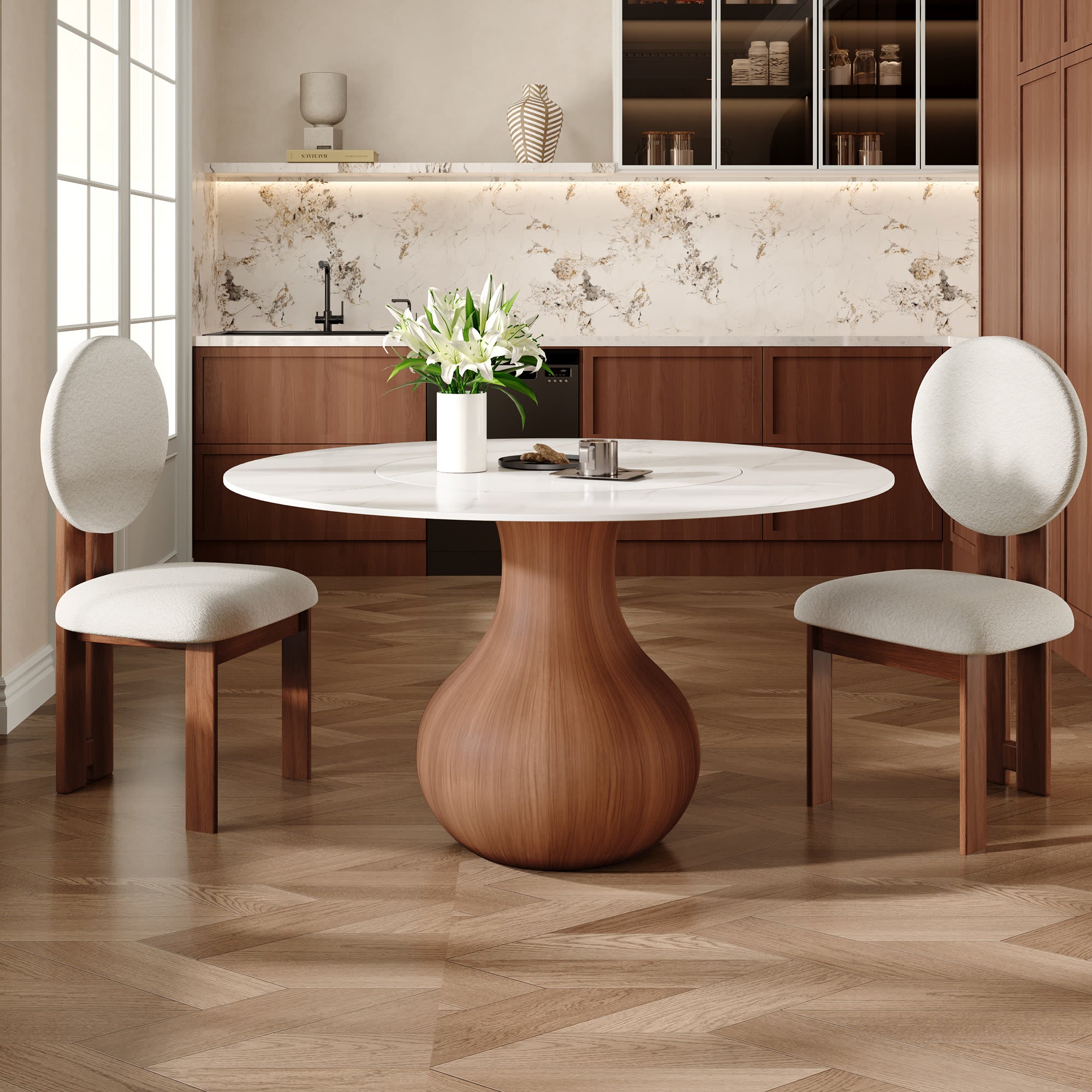 Centria Round Solid Wood Pedestal Dining Table with White Stone Top and Built-In Lazy Susan - 59.05'' W X 59.05'' D X 29.53'' H - image 2