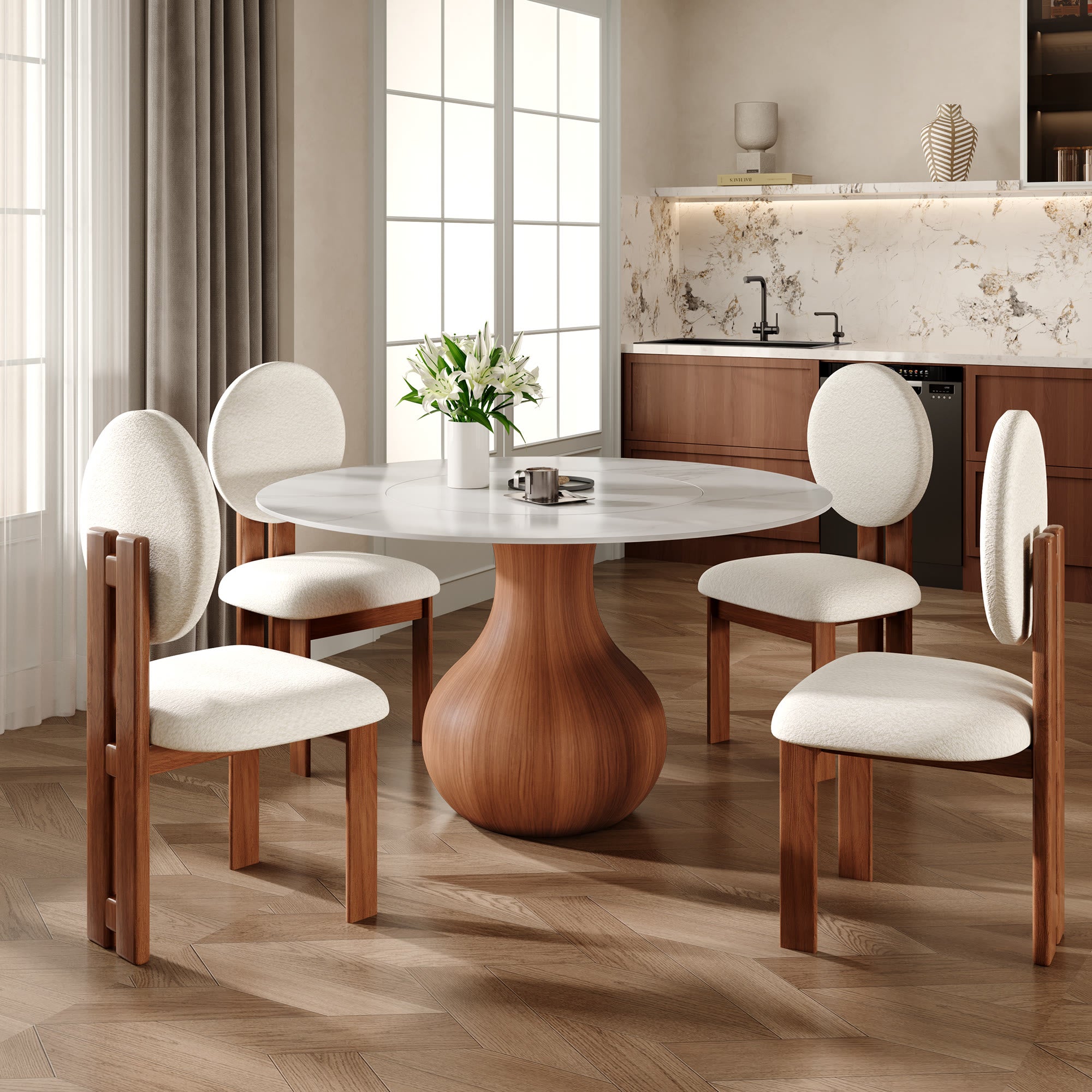 Centria Round Solid Wood Pedestal Dining Table with White Stone Top and Built-In Lazy Susan - image 3