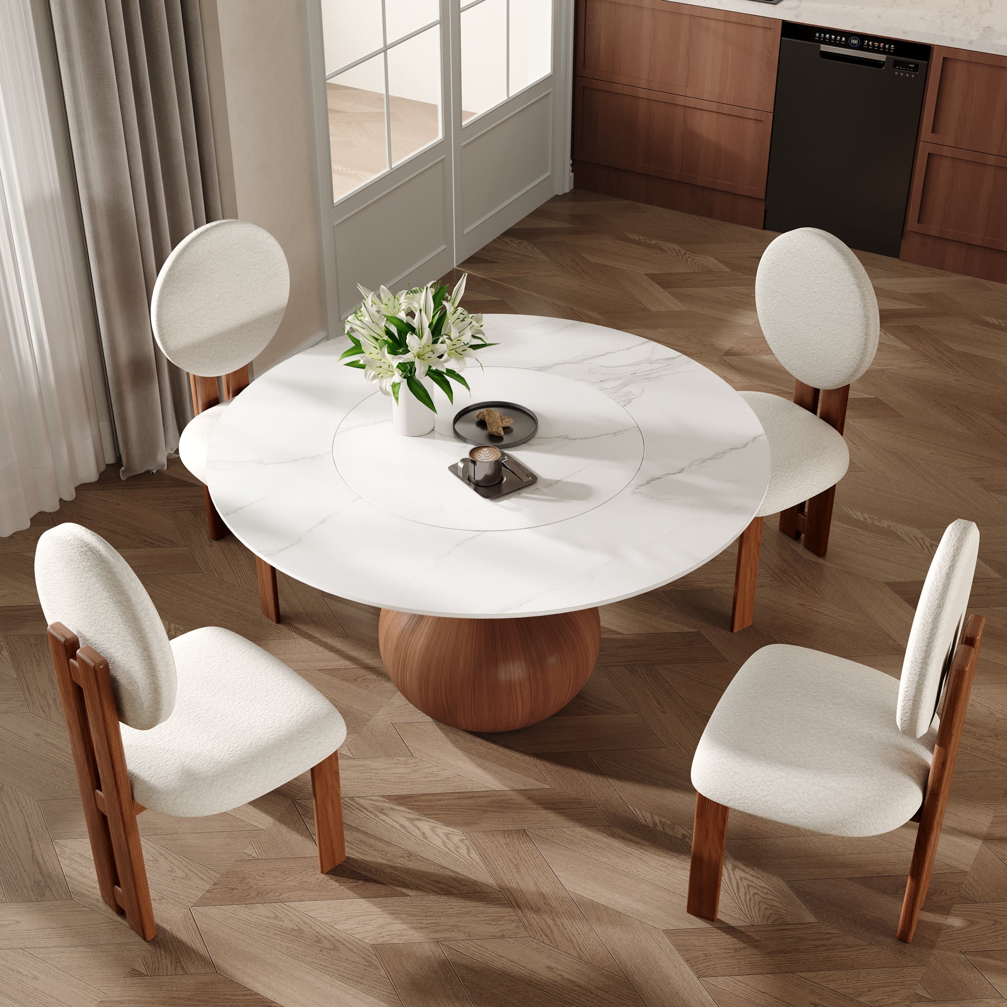 Centria Round Solid Wood Pedestal Dining Table with White Stone Top and Built-In Lazy Susan - image 4