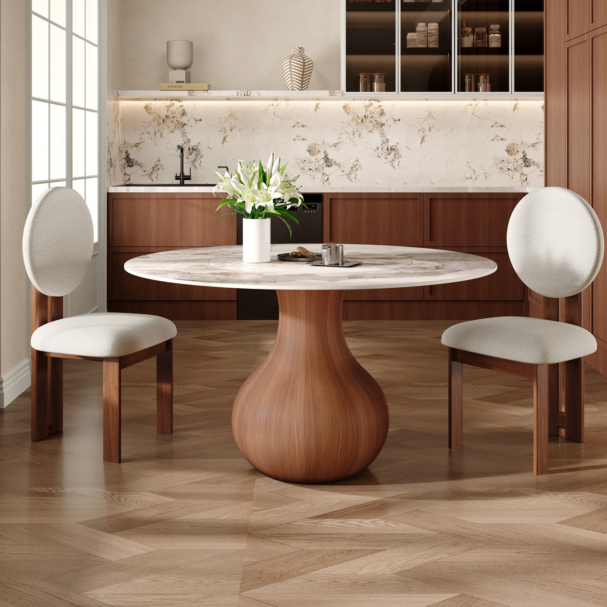 Centria Round Solid Wood Pedestal Dining Table with Pandora Stone Top and Built-In Lazy Susan - image 2