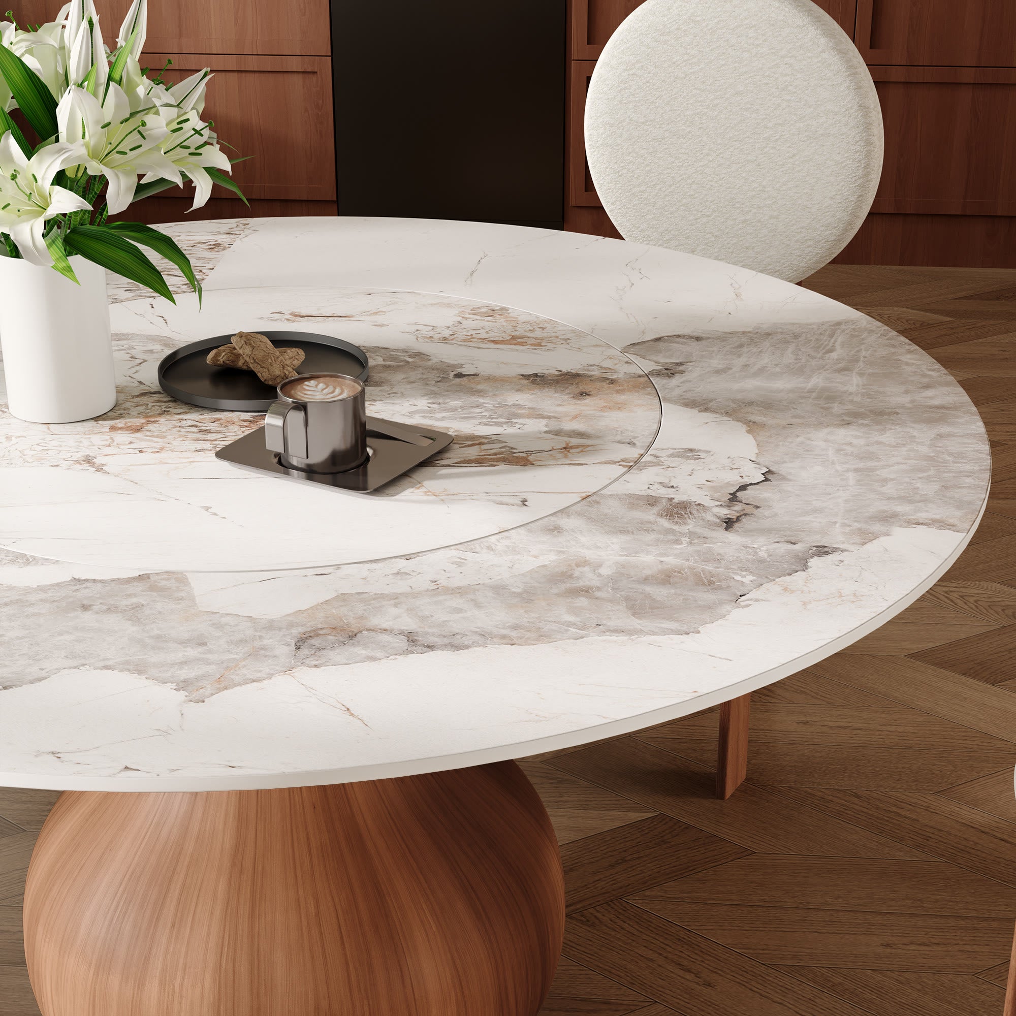 Centria Round Solid Wood Pedestal Dining Table with Pandora Stone Top and Built-In Lazy Susan - image 6