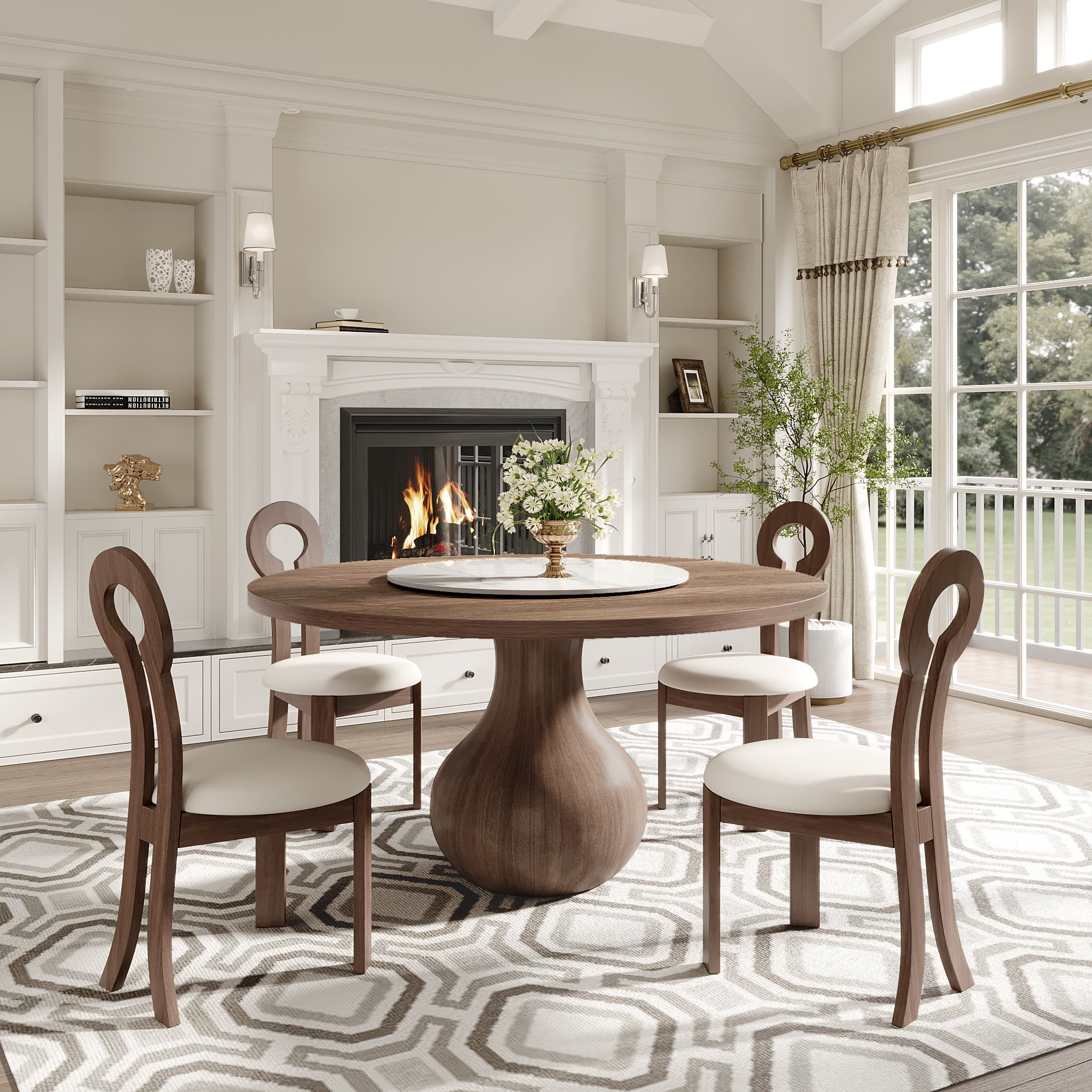 Centria Dark Walnut Round Solid Wood Dining Table with Snow White Stone Lazy Susan - image 3