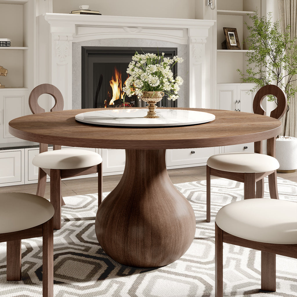 Centria Dark Walnut Round Solid Wood Dining Table with Snow White Stone Lazy Susan - 53.15'' W X 53.15'' D X 29.53'' H - image 0