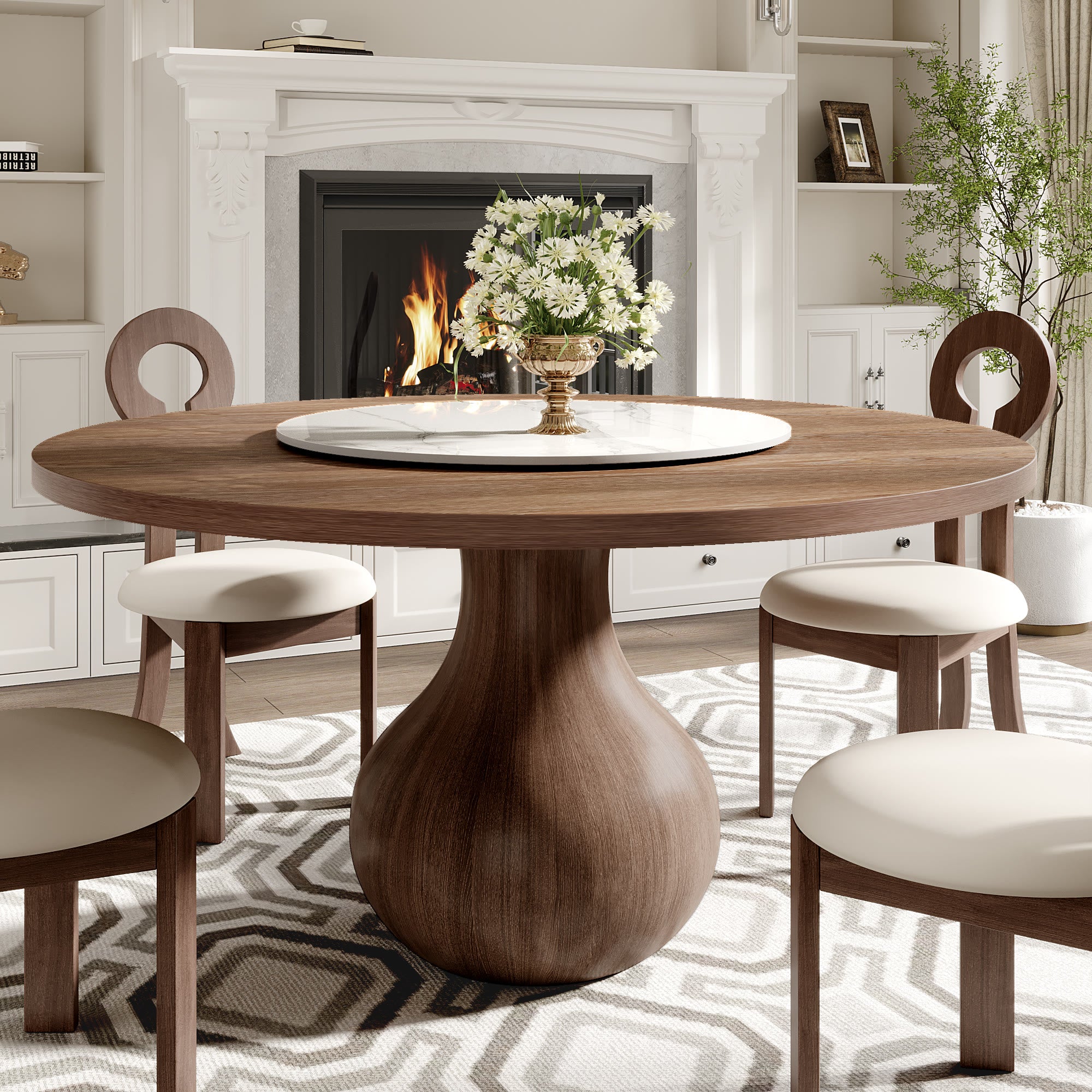 Centria Dark Walnut Round Solid Wood Dining Table with Snow White Stone Lazy Susan - 53.15'' W X 53.15'' D X 29.53'' H - image 0