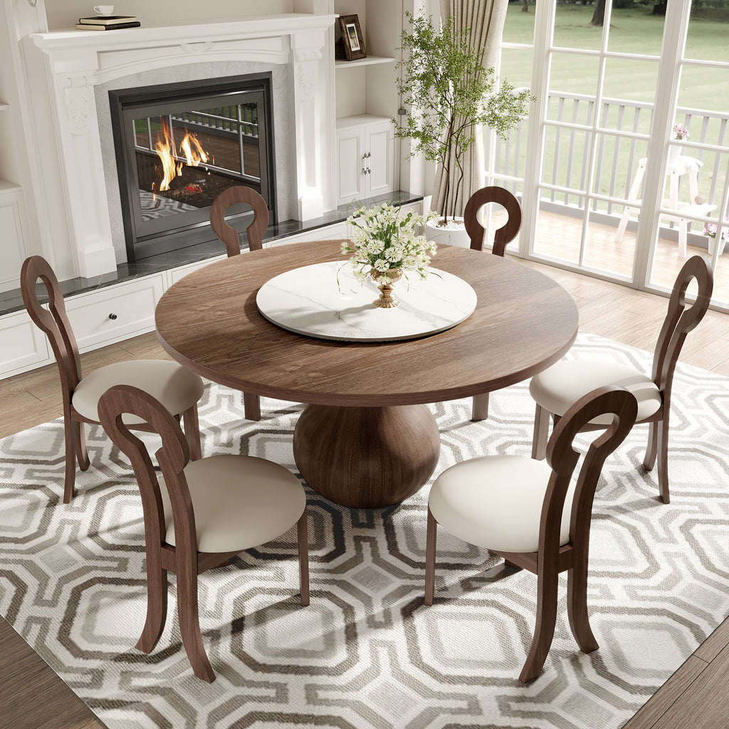 Centria Dark Walnut Round Solid Wood Dining Table with Snow White Stone Lazy Susan - image 5