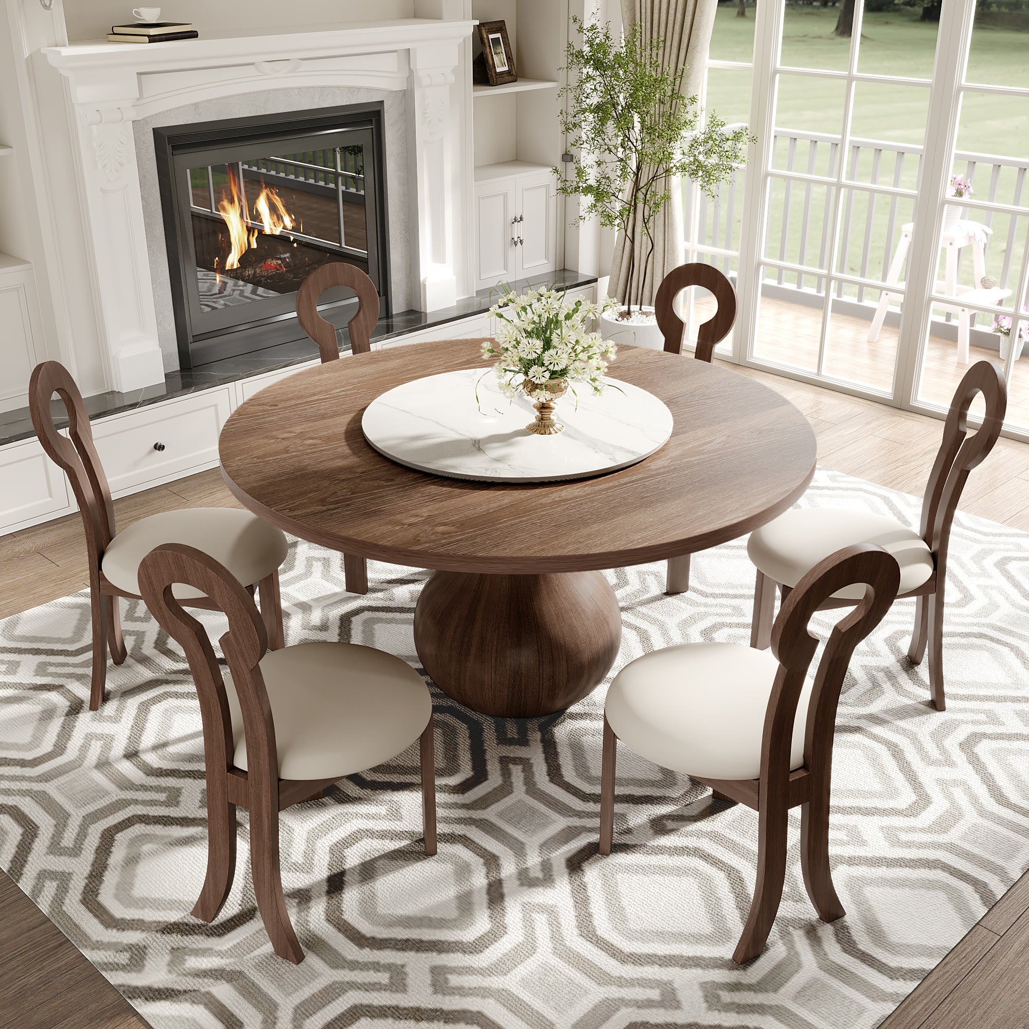 Centria Dark Walnut Round Solid Wood Dining Table with Snow White Stone Lazy Susan - image 5