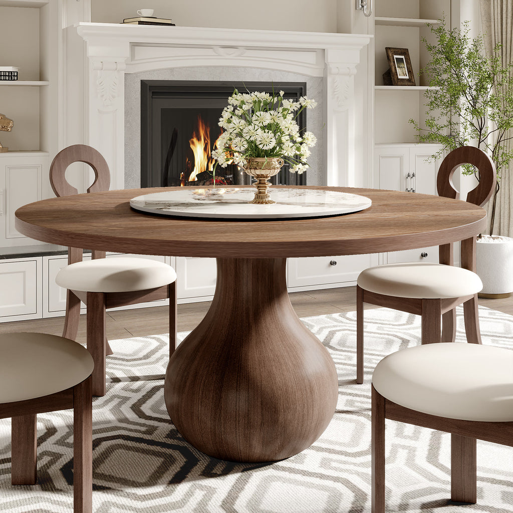 Centria Dark Walnut Round Solid Wood Dining Table with Pandora Stone Lazy Susan - 53.15'' W X 53.15'' D X 29.53'' H - image 0