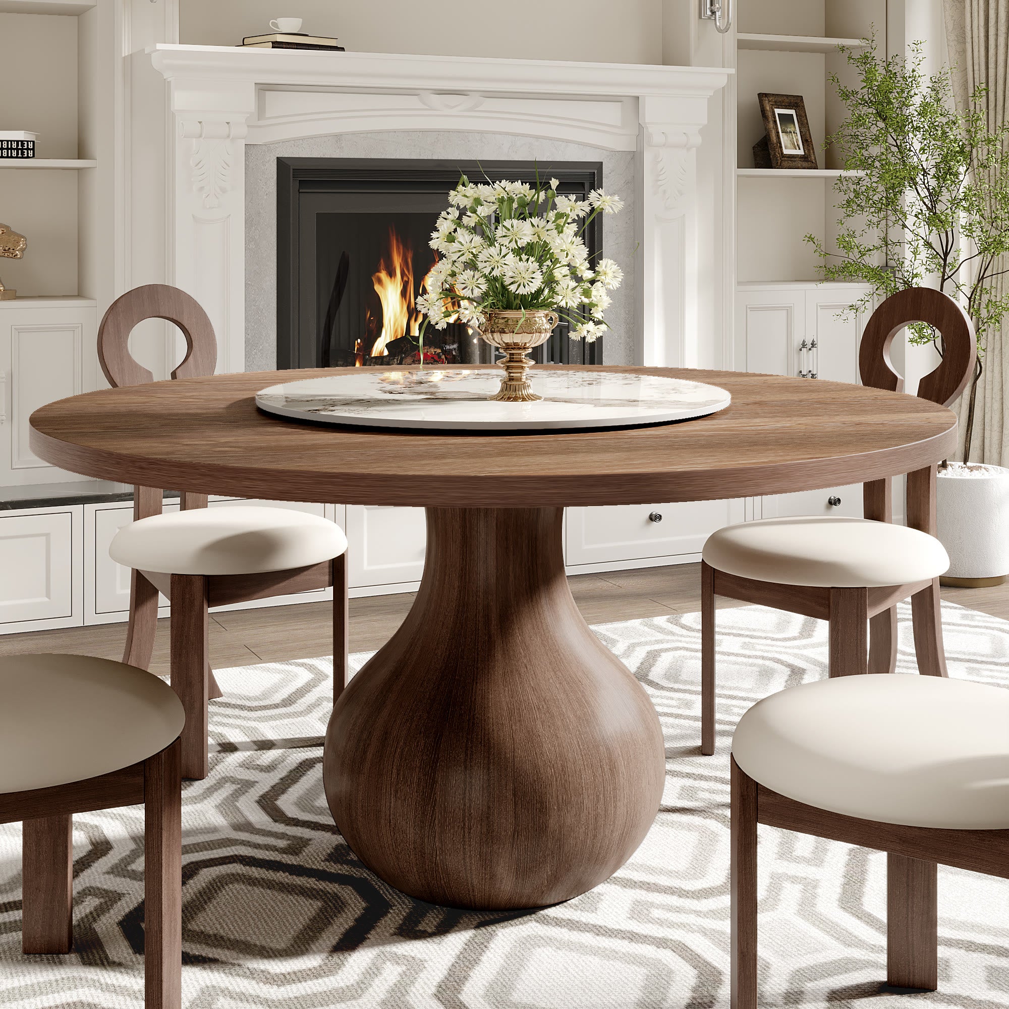 Centria Dark Walnut Round Solid Wood Dining Table with Pandora Stone Lazy Susan - 53.15'' W X 53.15'' D X 29.53'' H - image 0