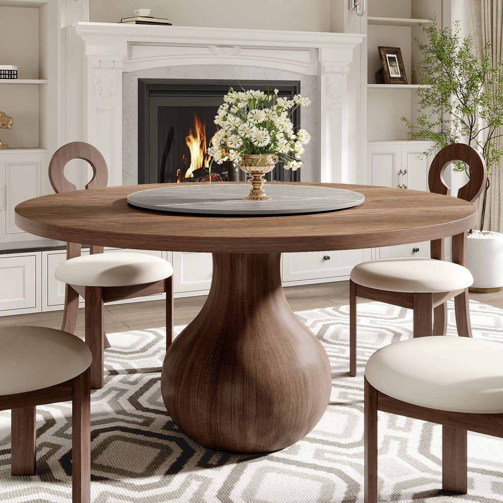 Centria Dark Walnut Round Solid Wood Dining Table with Gray Stone Lazy Susan - 53.15'' W X 53.15'' D X 29.53'' H - image 0