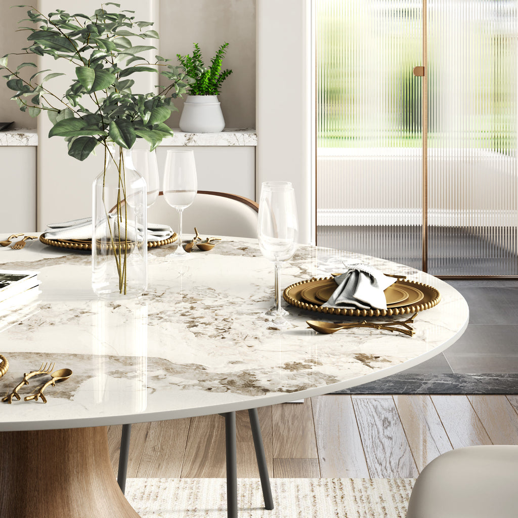 Centria Dark Walnut Round Solid Wood Pedestal Dining Table with Pandora Stone Top - image 8