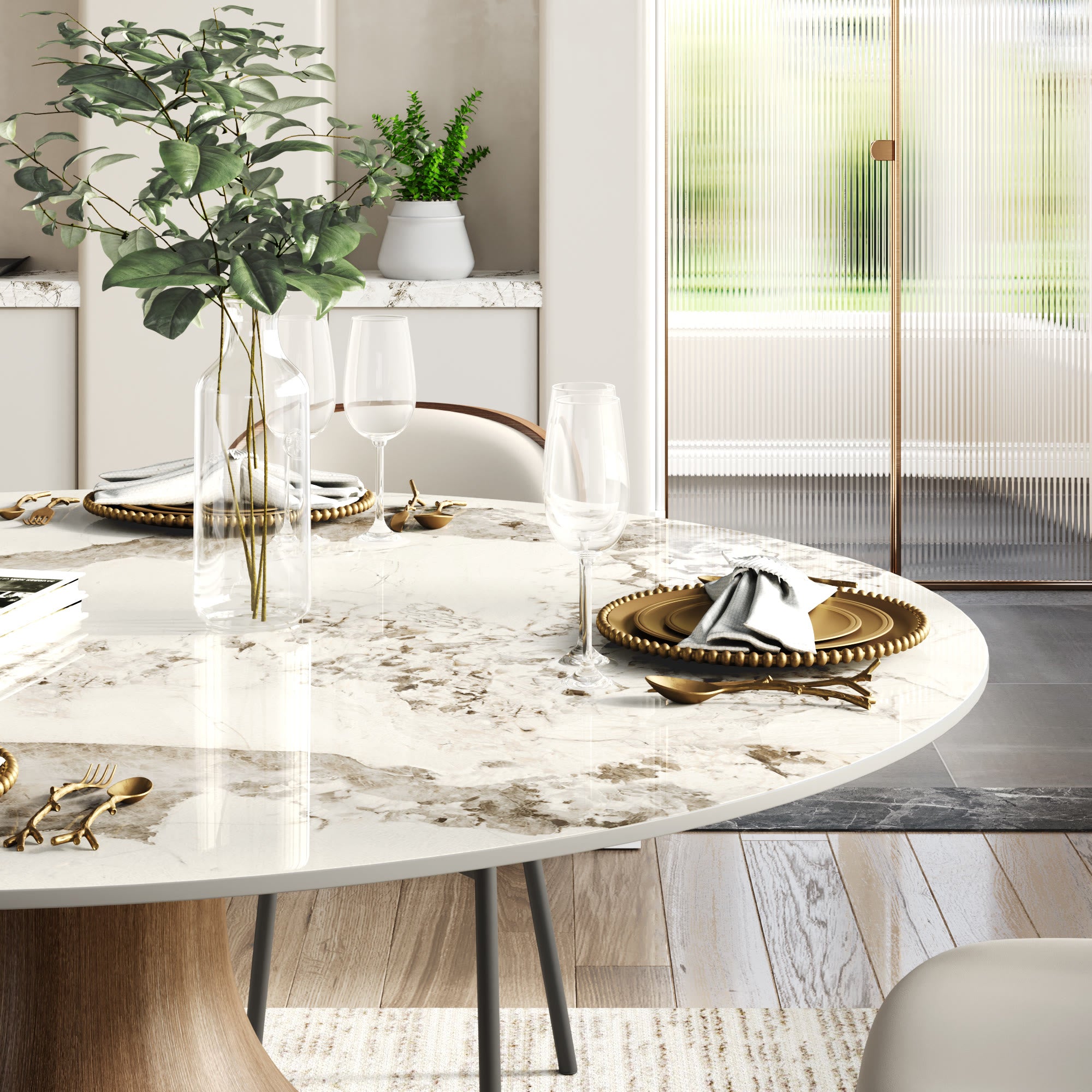 Centria Dark Walnut Round Solid Wood Pedestal Dining Table with Pandora Stone Top - image 8