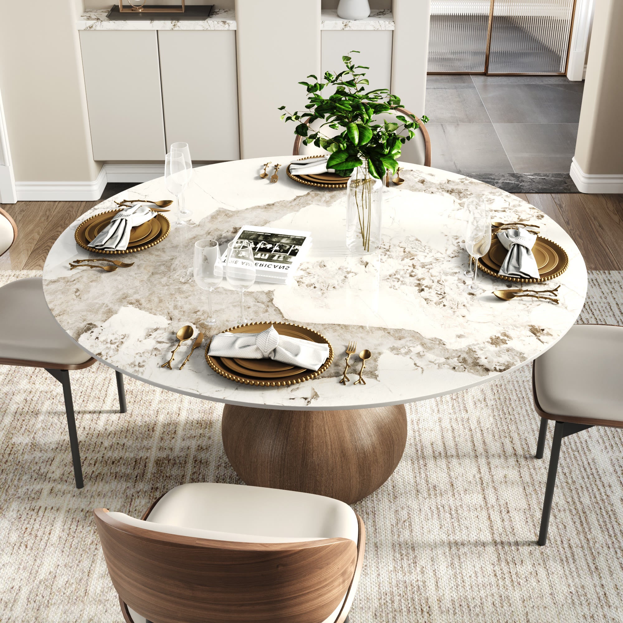 Centria Dark Walnut Round Solid Wood Pedestal Dining Table with Pandora Stone Top - image 3