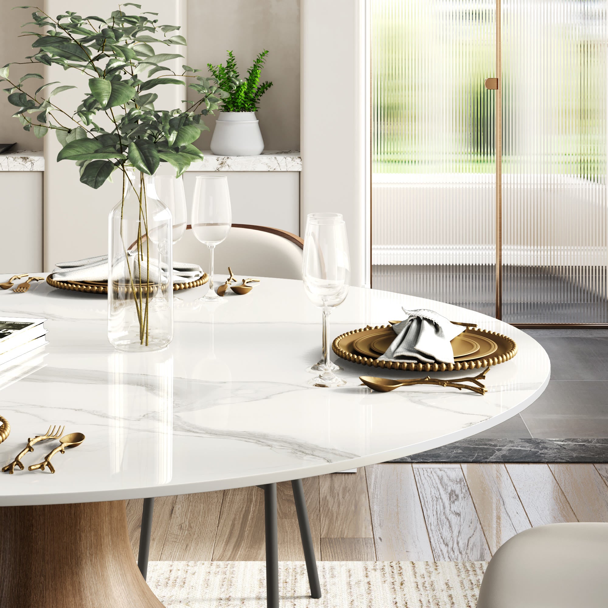 Centria Dark Walnut Round Solid Wood Pedestal Dining Table with Snow White Stone Top - image 8