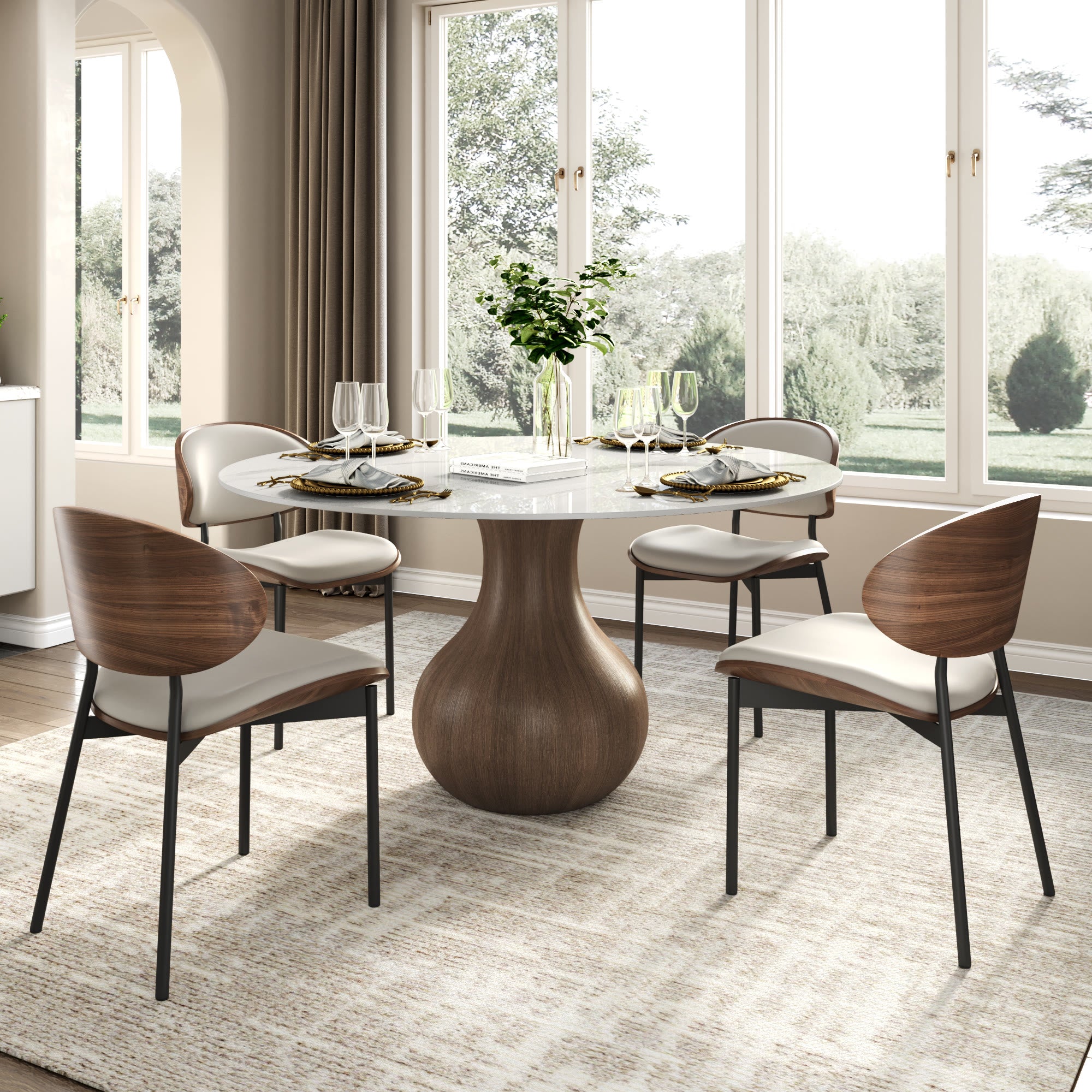 Centria Dark Walnut Round Solid Wood Pedestal Dining Table with Snow White Stone Top - image 4