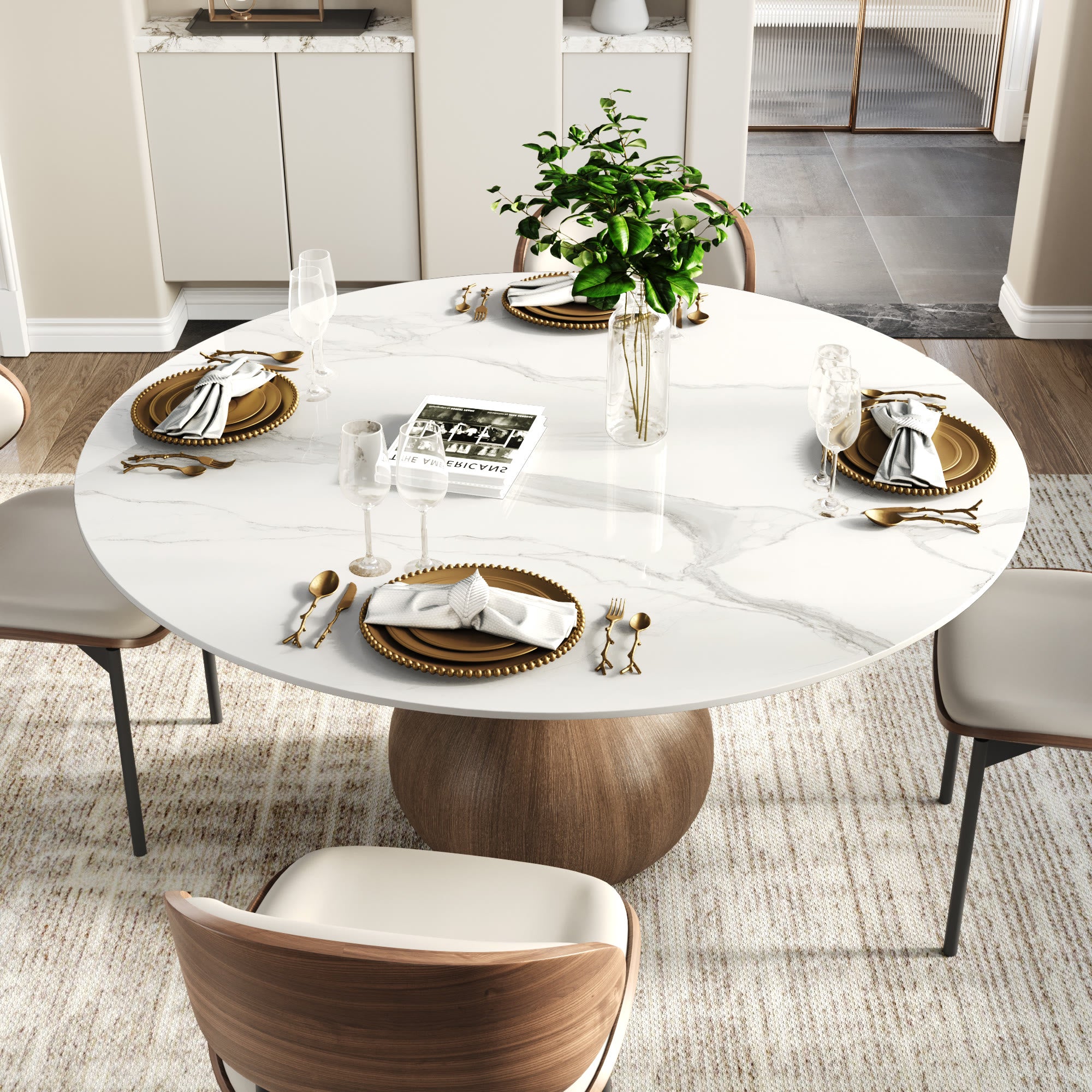 Centria Dark Walnut Round Solid Wood Pedestal Dining Table with Snow White Stone Top - image 3