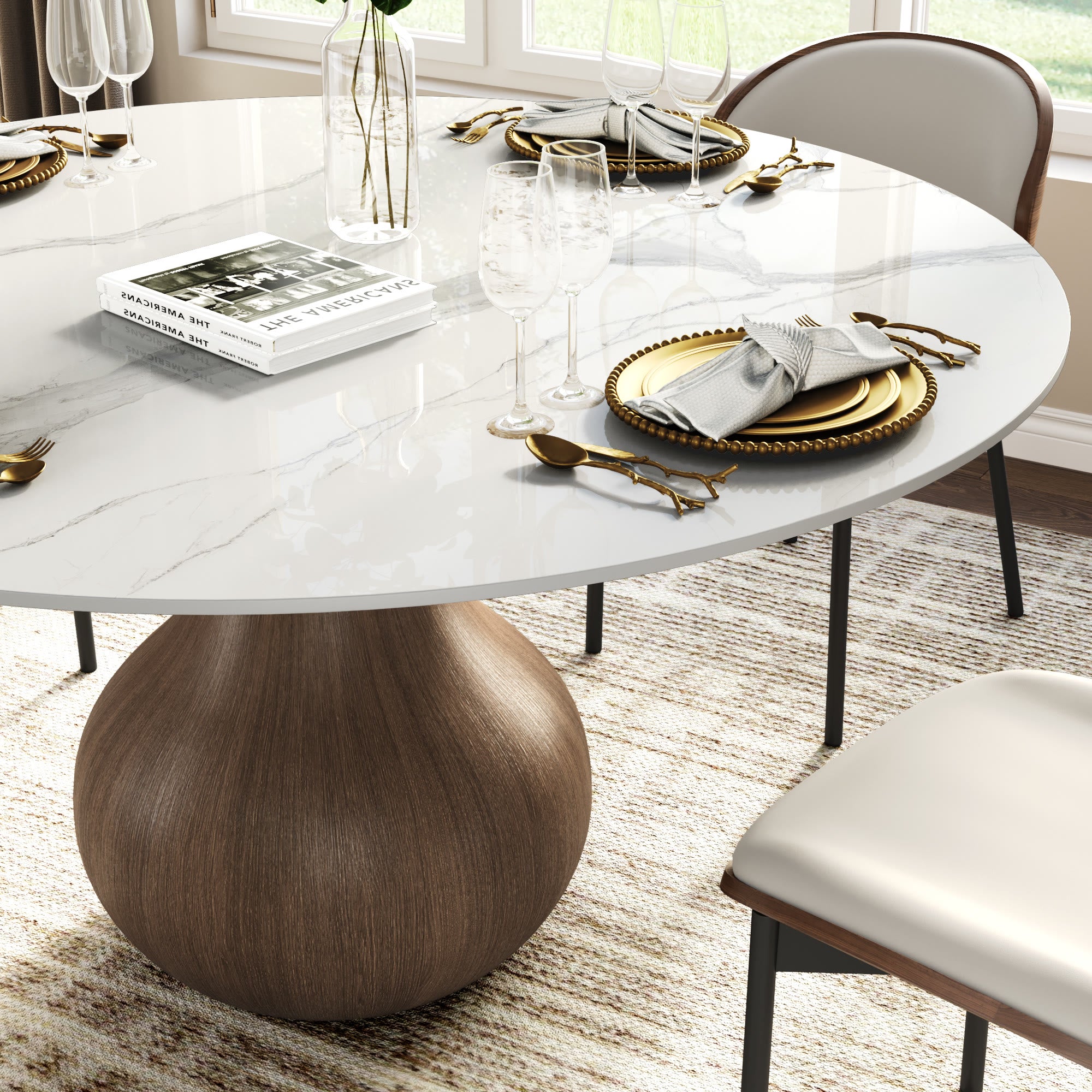 Centria Dark Walnut Round Solid Wood Pedestal Dining Table with Snow White Stone Top - image 2